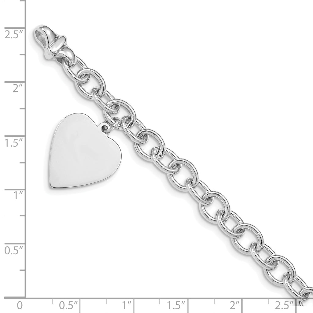 14k White Gold Engravable 23x17mm Solid Dangle Heart Charm and Solid Polished Link 8.5 inch Bracelet