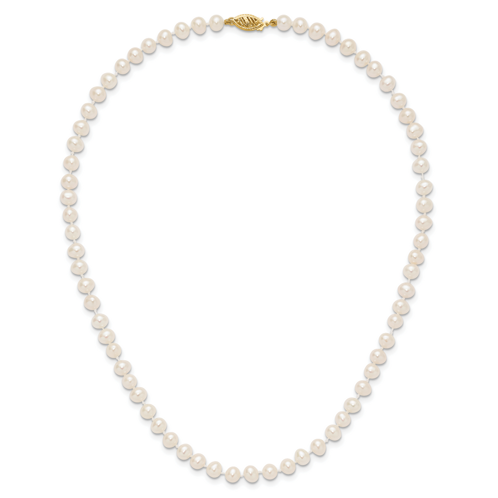 14K Yellow Gold White Freshwater Cultured Pearl Necklace 5-6mm