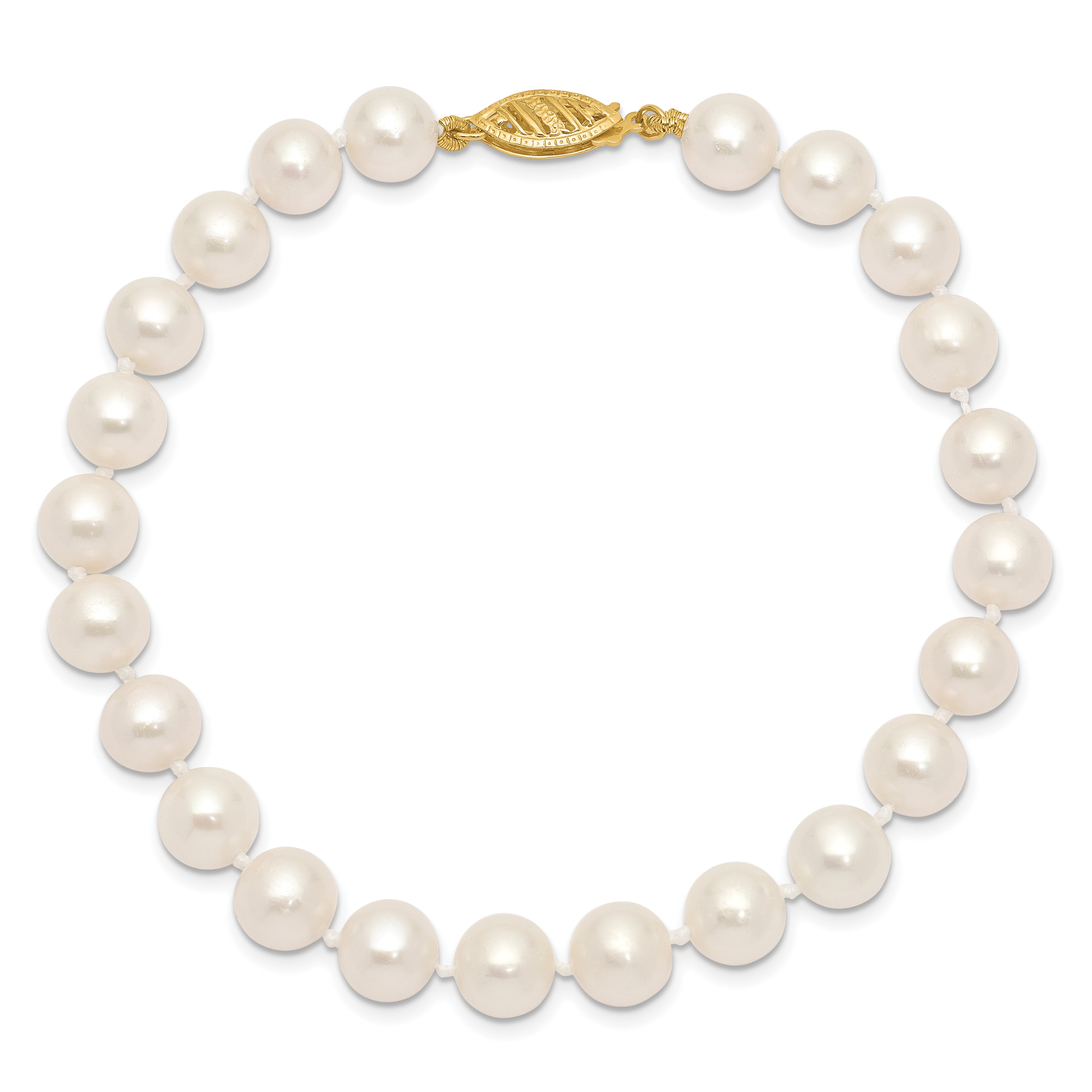 14k 7-8mm Near Round White Freshwater Cultured Pearl 8.25 inch Bracelet