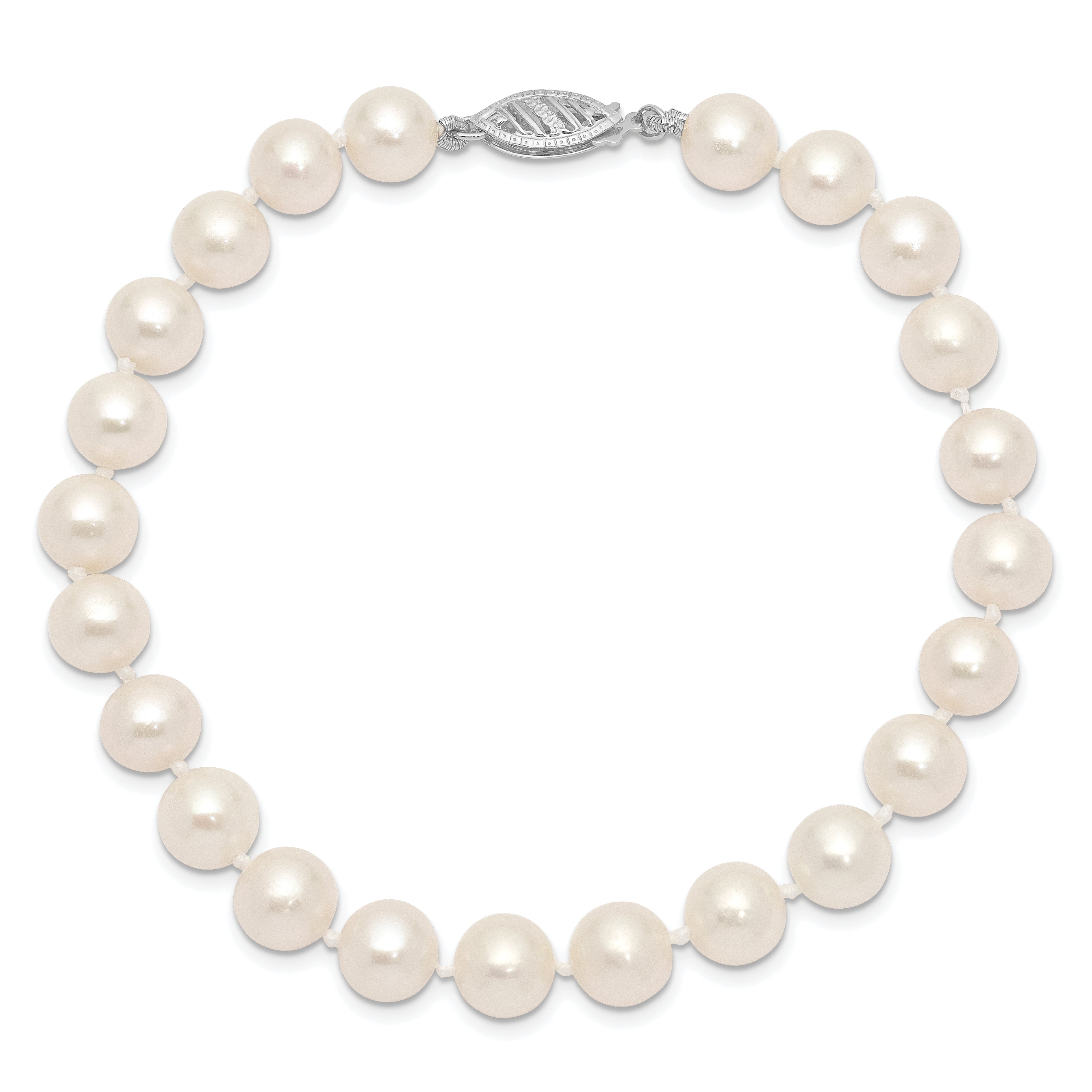 14k White Gold 7-8mm White Near Round  Freshwater Cultured Pearl 8.25 inch Bracelet