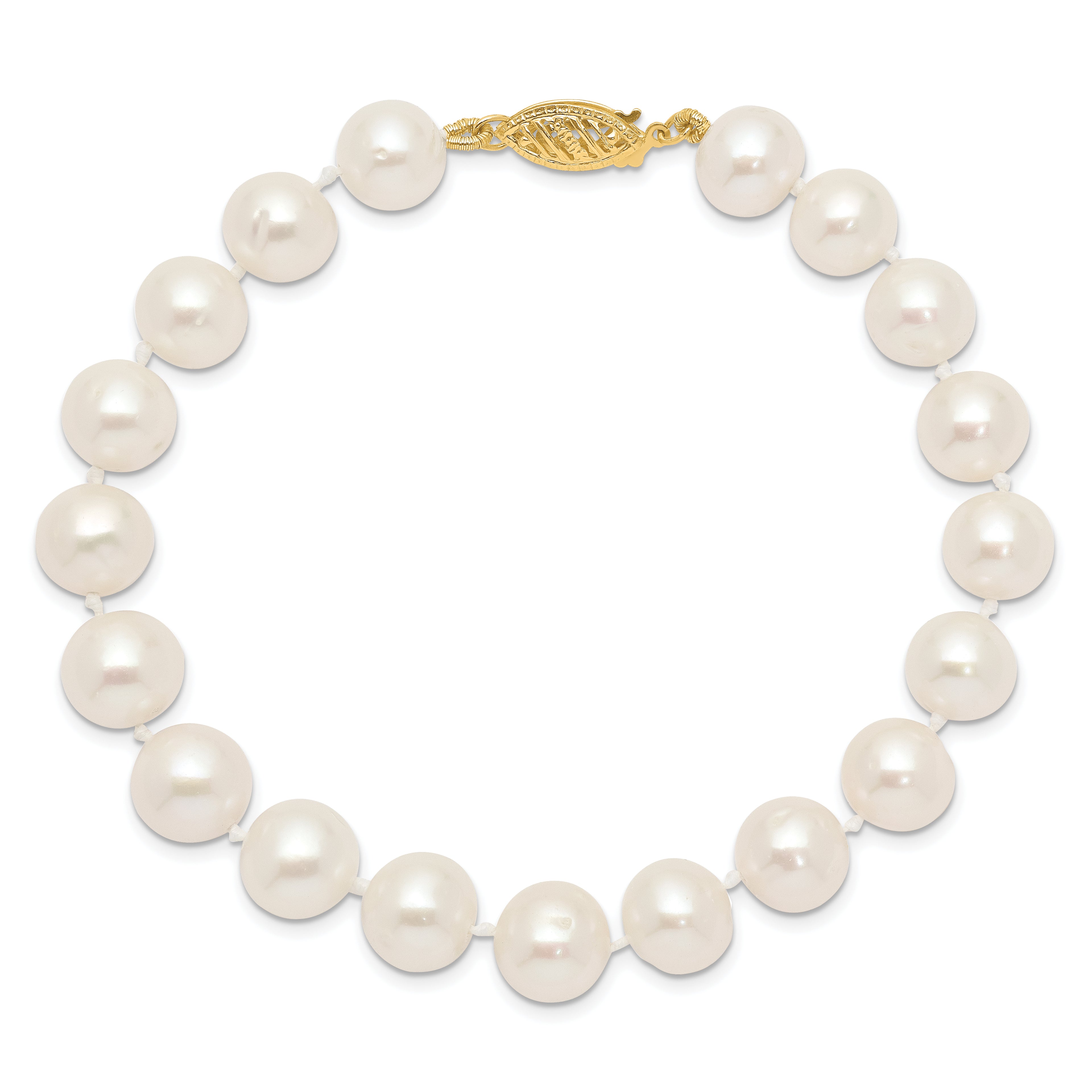 14k 9-10mm White Near Round Freshwater Cultured Pearl 8.25 inch Bracelet