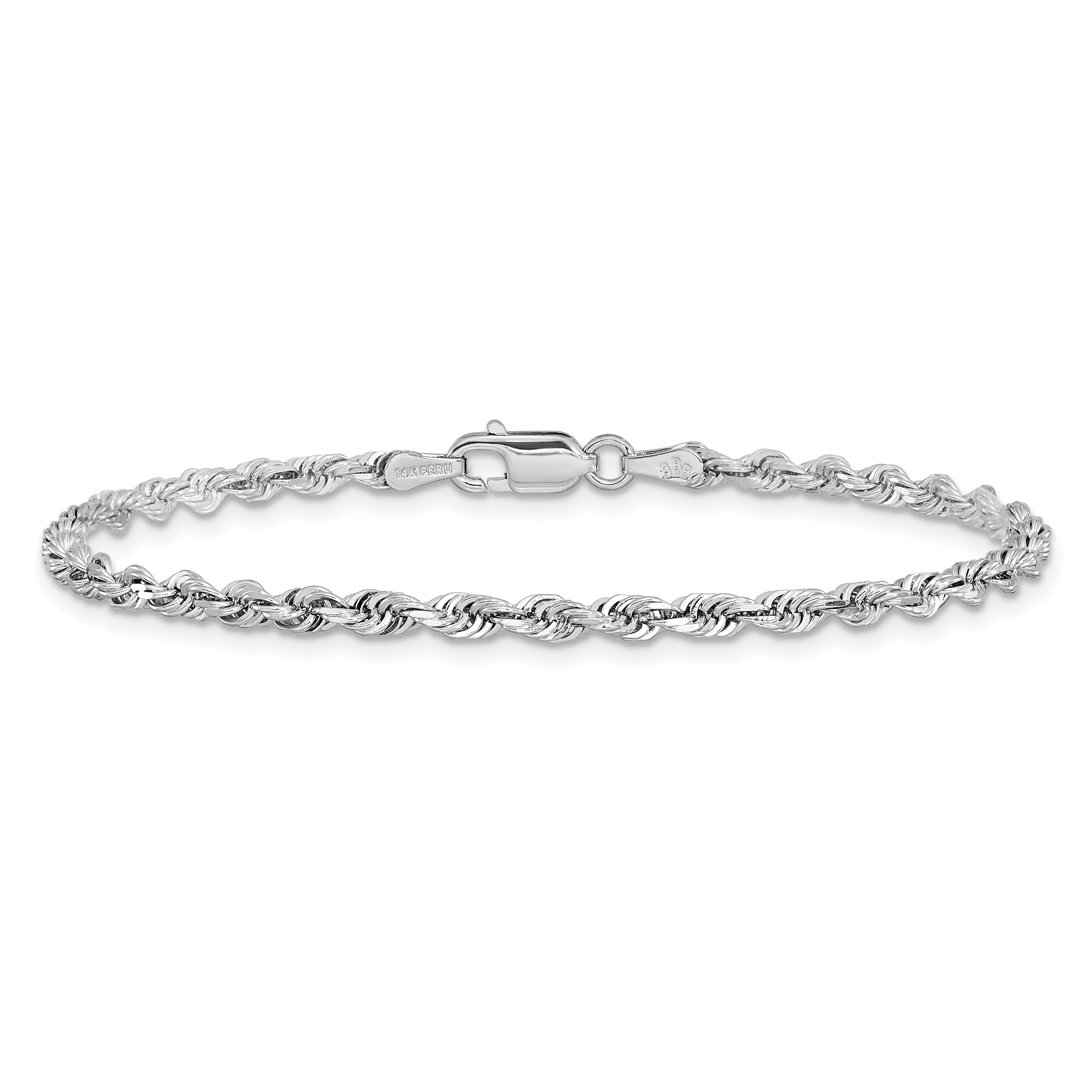 14K White Gold 9 Inch 3mm Diamond-cut Quadruple Rope Lobster Clasp Chain