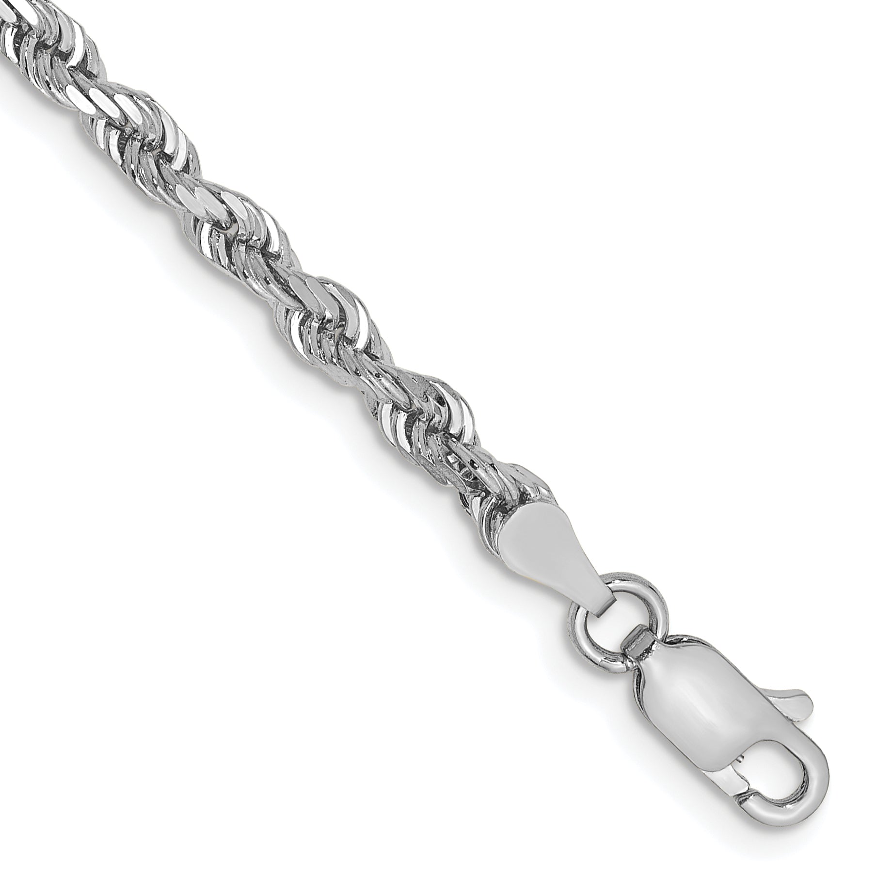 14K White Gold 8 Inch 3.35mm Diamond-Cut Quadruple Rope Lobster Clasp Chain