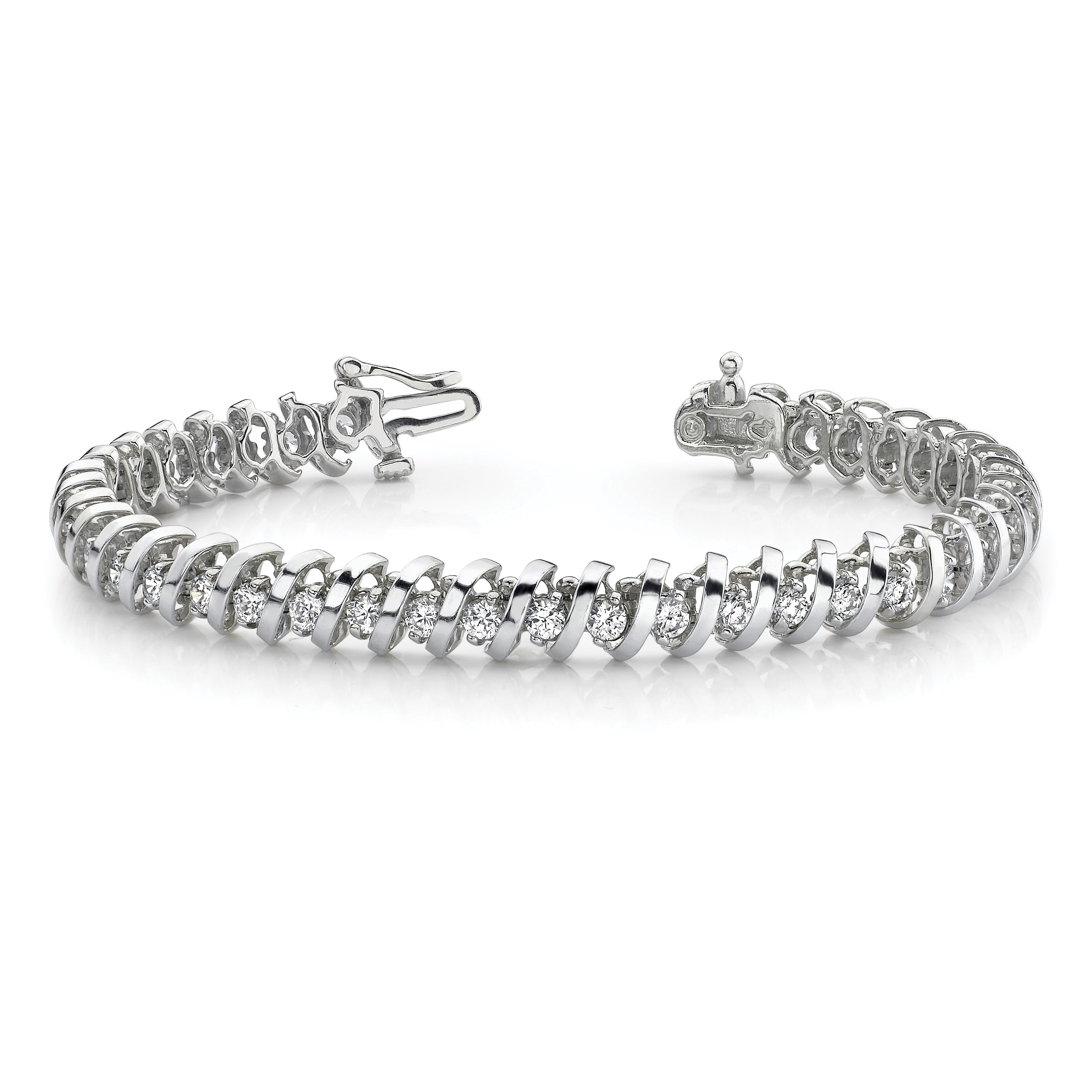 14k White Gold Complete 1.95 carat Round AA Diamond Fancy Spiral 7 inch Tennis Bracelet