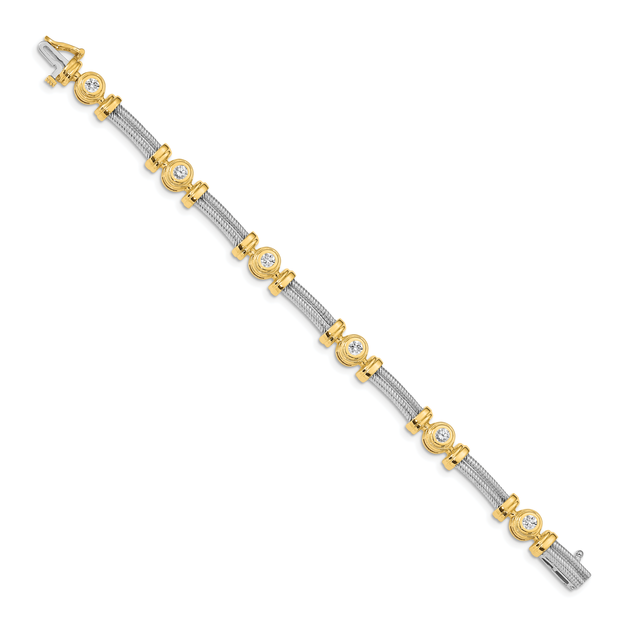 14k Two-tone Holds 1.4 carat 6-3.9mm Round Diamond Bezel and Twisted Bar 7 inch Bracelet Mounting (No Stone Included)