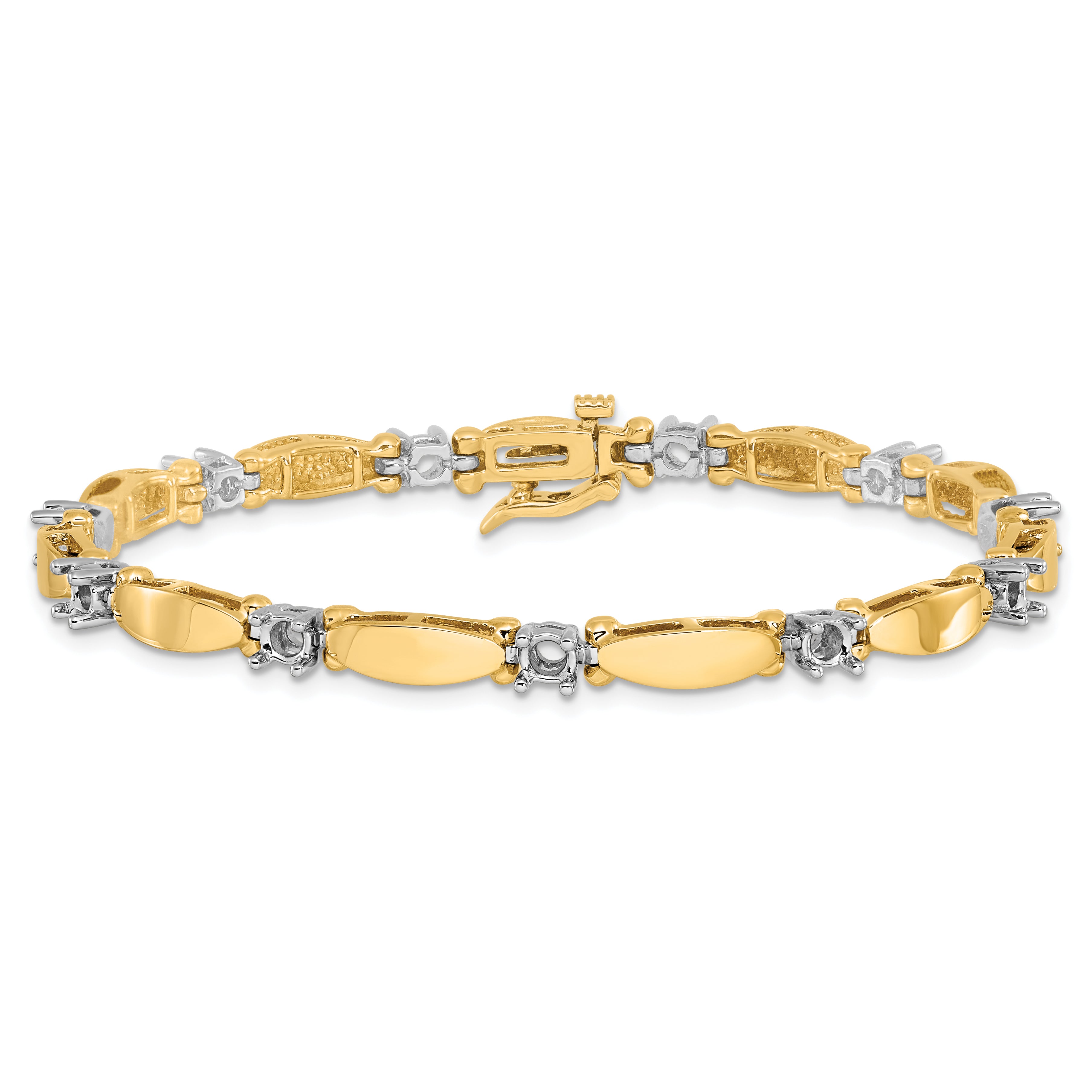 14k Two-tone Holds 1.87 carat 11-3.5mm Round Diamond Curved Bar Link 7 inch Tennis Bracelet Mounting (No Stone Included)