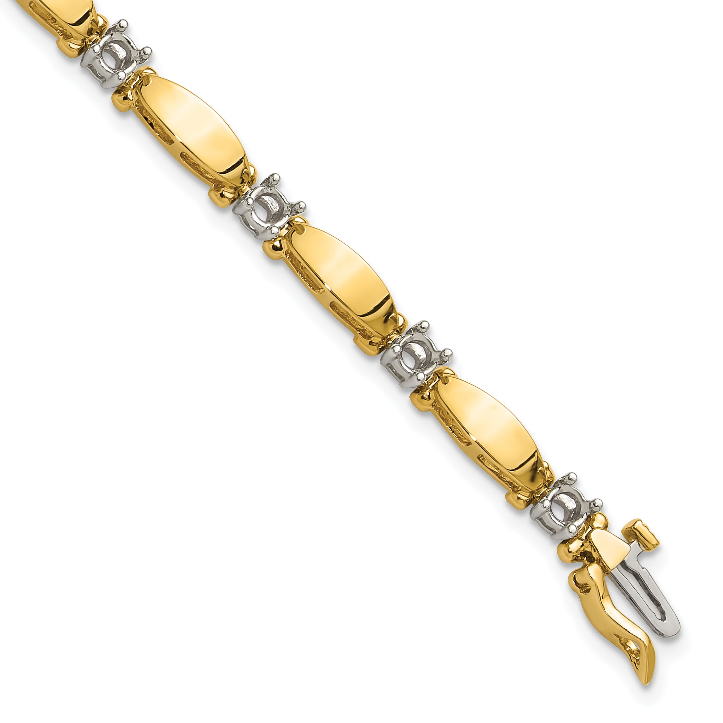 14k Two-tone Holds 1.87 carat 11-3.5mm Round Diamond Curved Bar Link 7 inch Tennis Bracelet Mounting (No Stone Included)