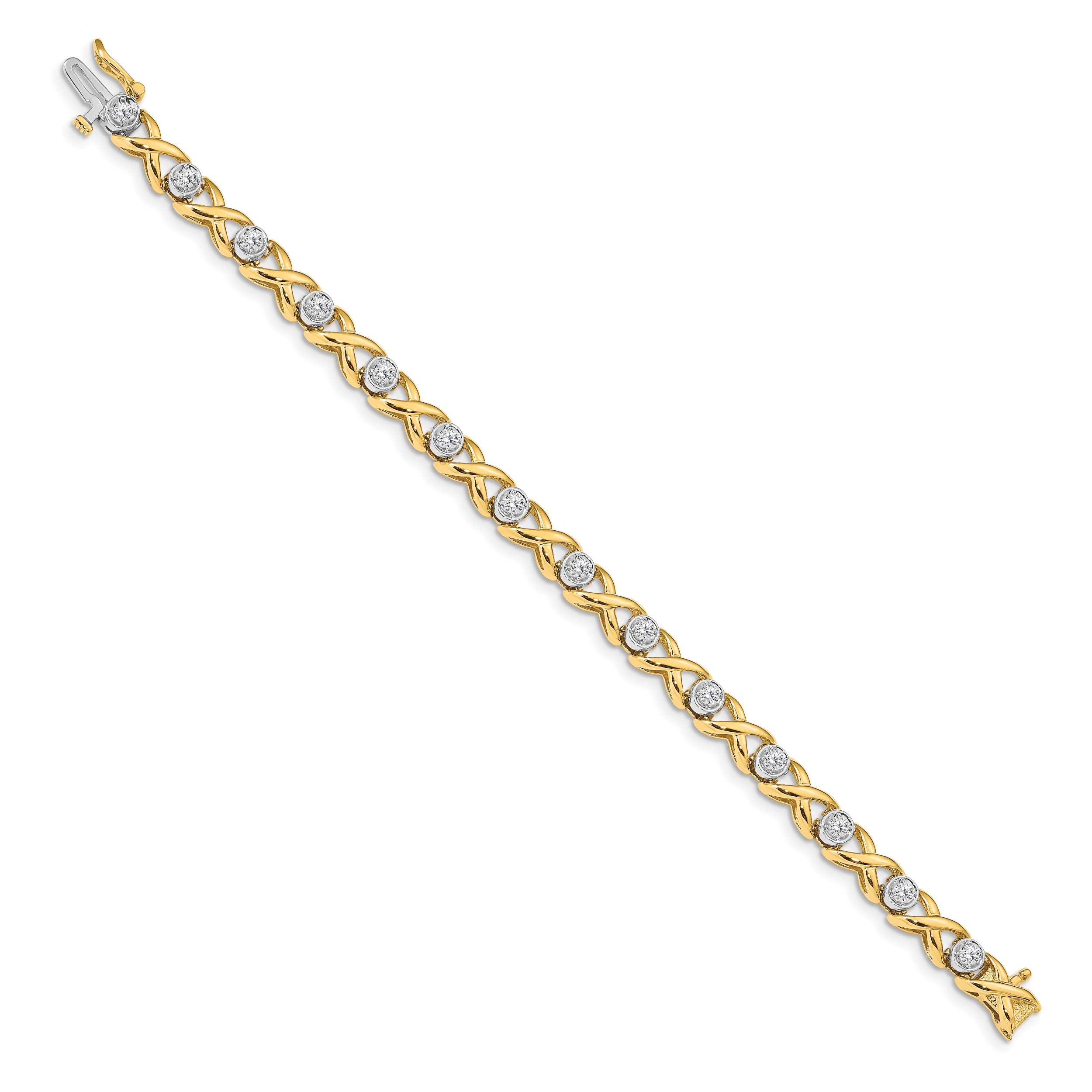 14k Two-tone Holds 1 carat 14-2.6mm Round Diamond 4-prong X-design 7 inch Tennis Bracelet Mounting (No Stone Included) Secondary image