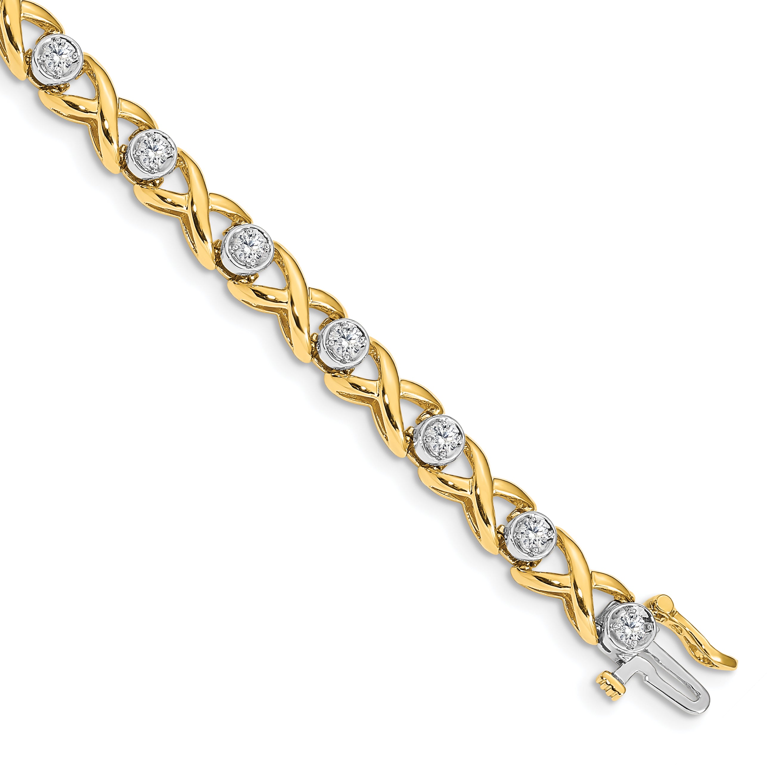 14k Two-tone Holds 1 carat 14-2.6mm Round Diamond 4-prong X-design 7 inch Tennis Bracelet Mounting (No Stone Included)