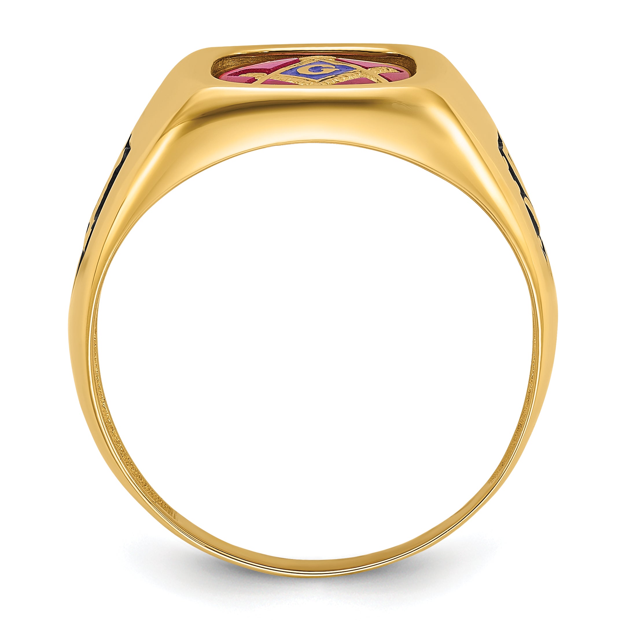 14k Men's Polished and Textured with Black Enamel and Lab Created Ruby Masonic Ring