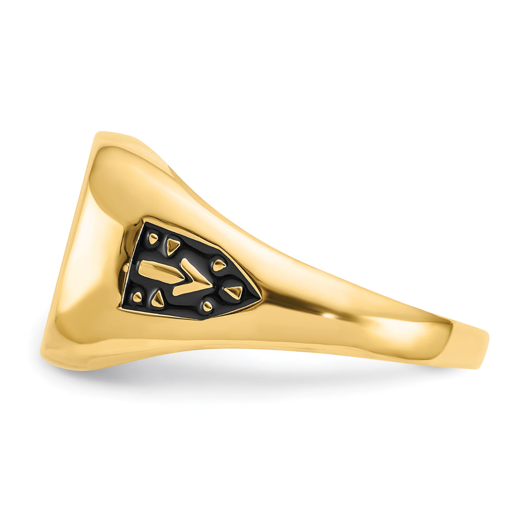 14k Men's Polished and Textured with Black Enamel and Lab Created Ruby Masonic Ring