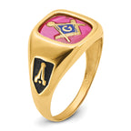 14k Men's Polished and Textured with Black Enamel and Lab Created Ruby Masonic Ring