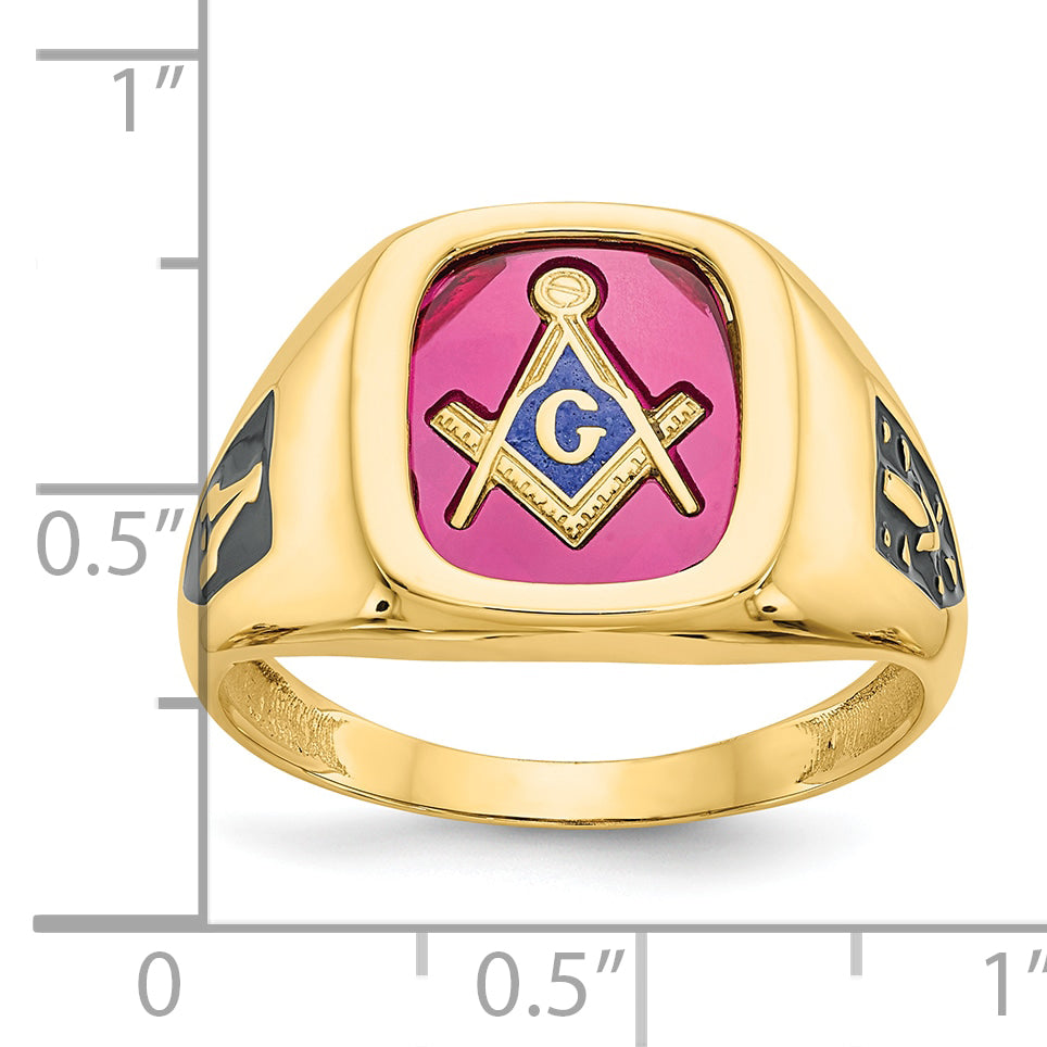 14k Men's Polished and Textured with Black Enamel and Lab Created Ruby Masonic Ring