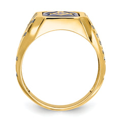 14k Men's Polished, Antiqued and Grooved with Imitation Blue Spinel Masonic Ring
