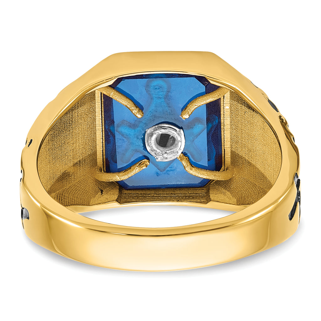 14k Men's Polished, Antiqued and Grooved with Imitation Blue Spinel Masonic Ring