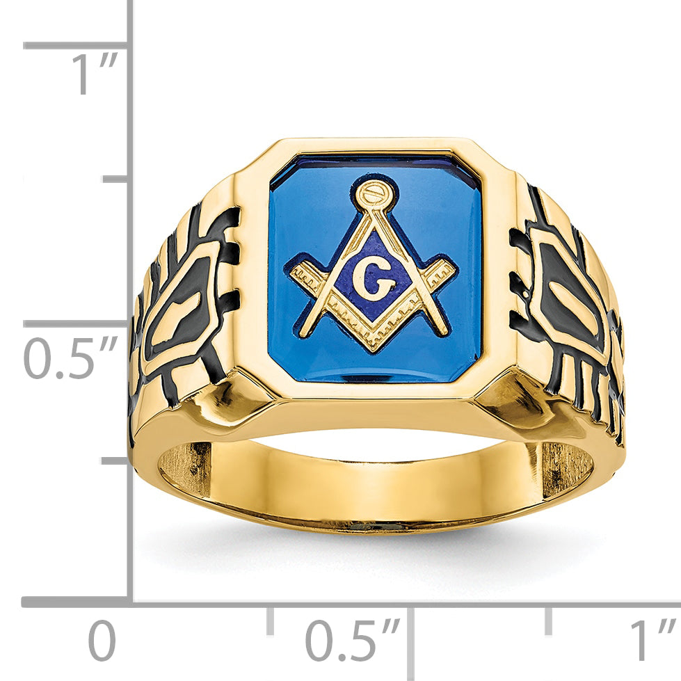 14k Men's Polished, Antiqued and Grooved with Imitation Blue Spinel Masonic Ring