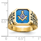 14k Men's Polished, Antiqued and Grooved with Imitation Blue Spinel Masonic Ring