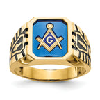 14k Men's Polished, Antiqued and Grooved with Imitation Blue Spinel Masonic Ring