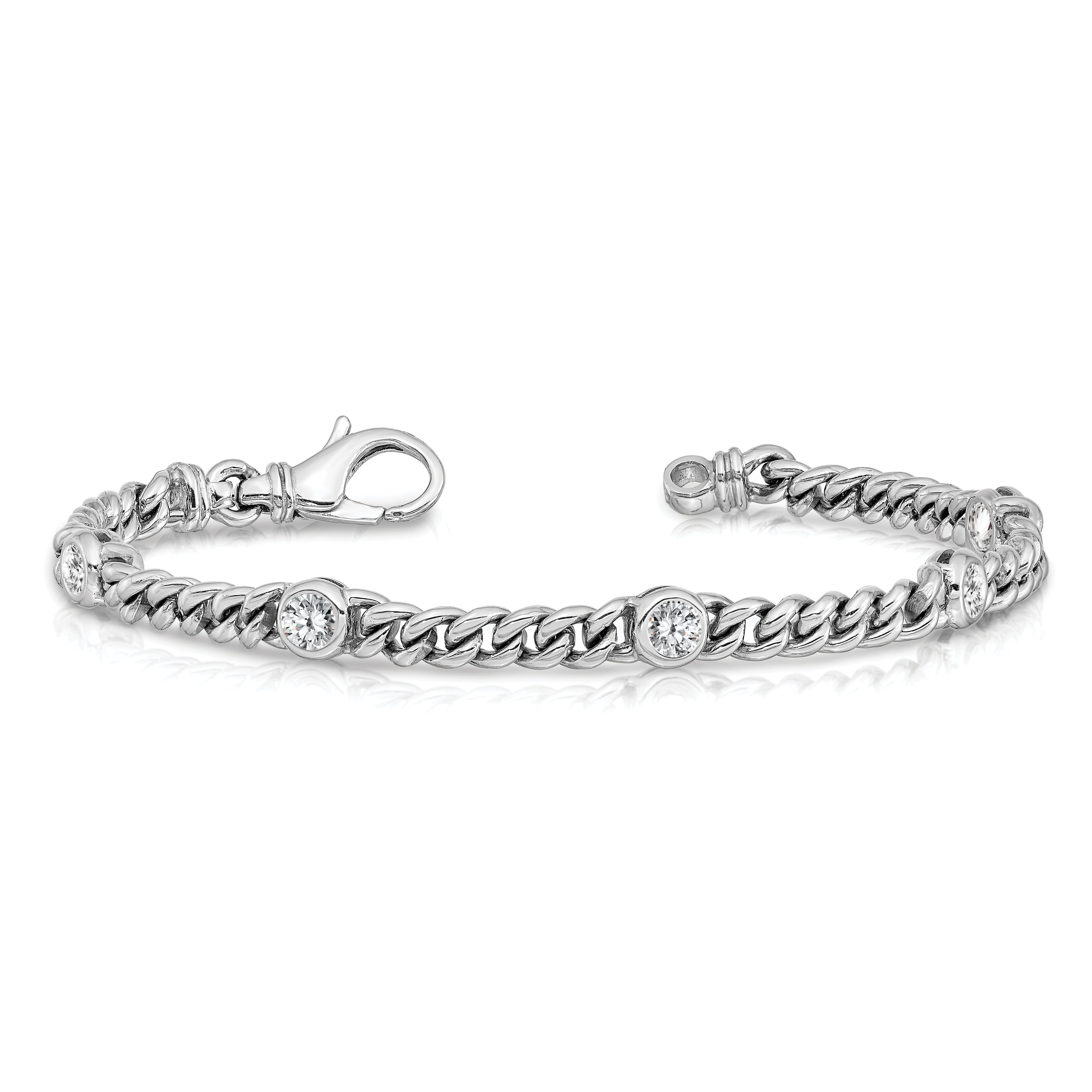 14k White Gold Holds 1 carat 5-3.7mm Round Diamond Bezel Curb Link 7 inch Bracelet Mounting (No Stone Included)