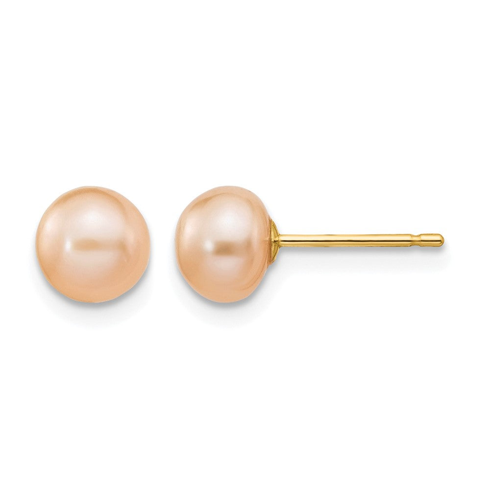 Bezel Setting Cultured Freshwater Pearl Stud Earrings in 14K Yellow Gold, 6-7mm - Sophia Jewelers