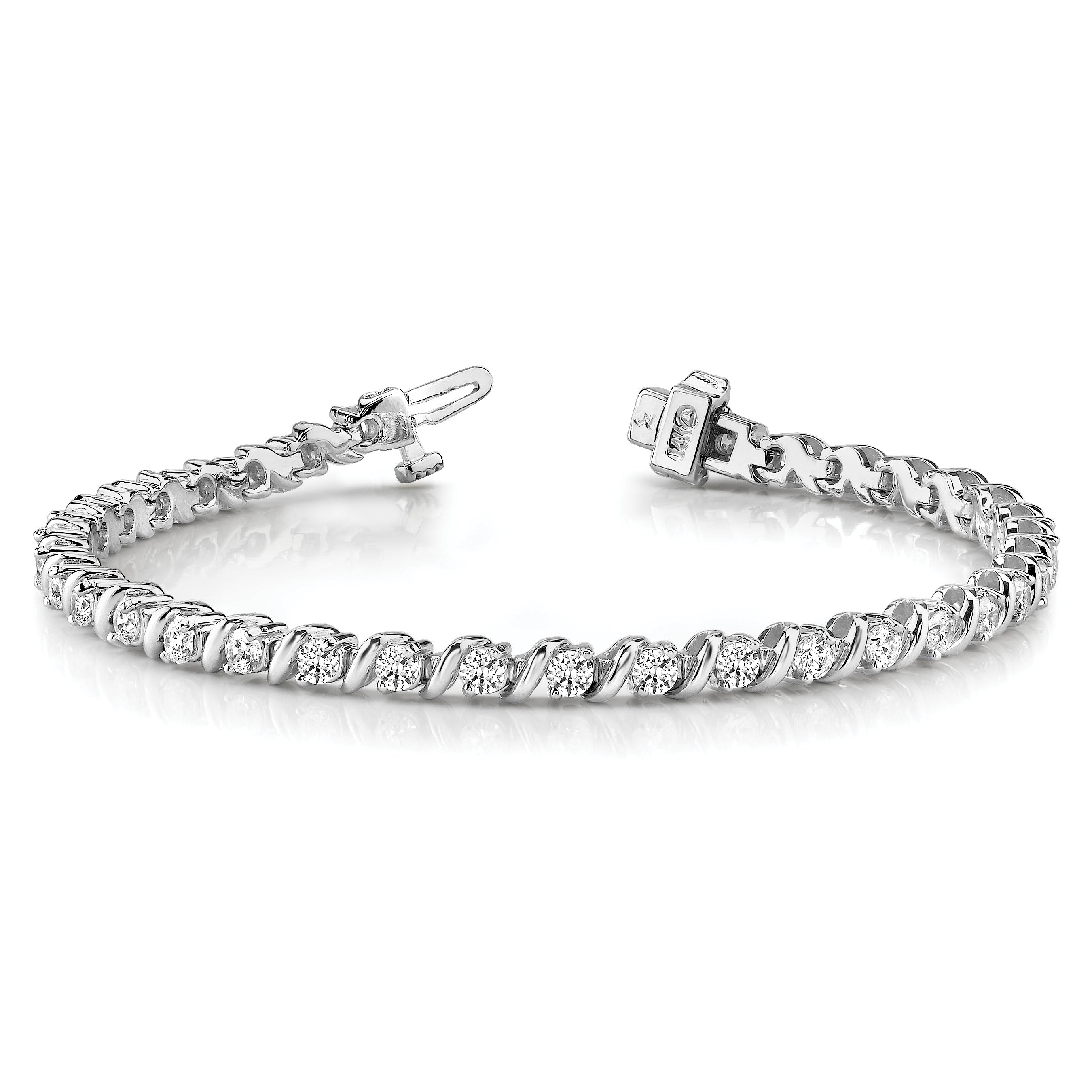 14k White Gold Holds 2 carat 44-2.25mm Round Diamond Swirled 2-prong 7 inch Tennis Bracelet Mounting (No Stone Included)