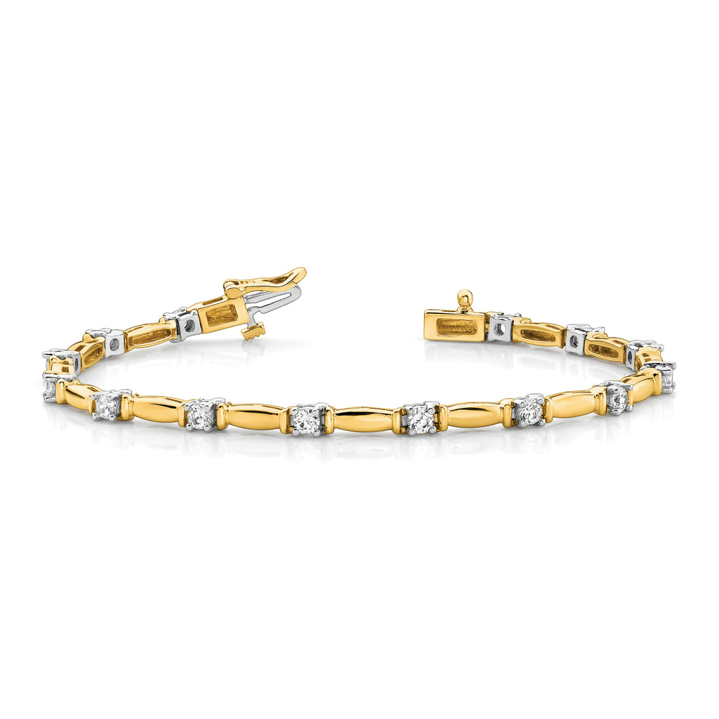 14k Two-tone Holds 1 carat 14-2.6mm Round Diamond Curved Bar Link 7 inch Tennis Bracelet Mounting (No Stone Included)