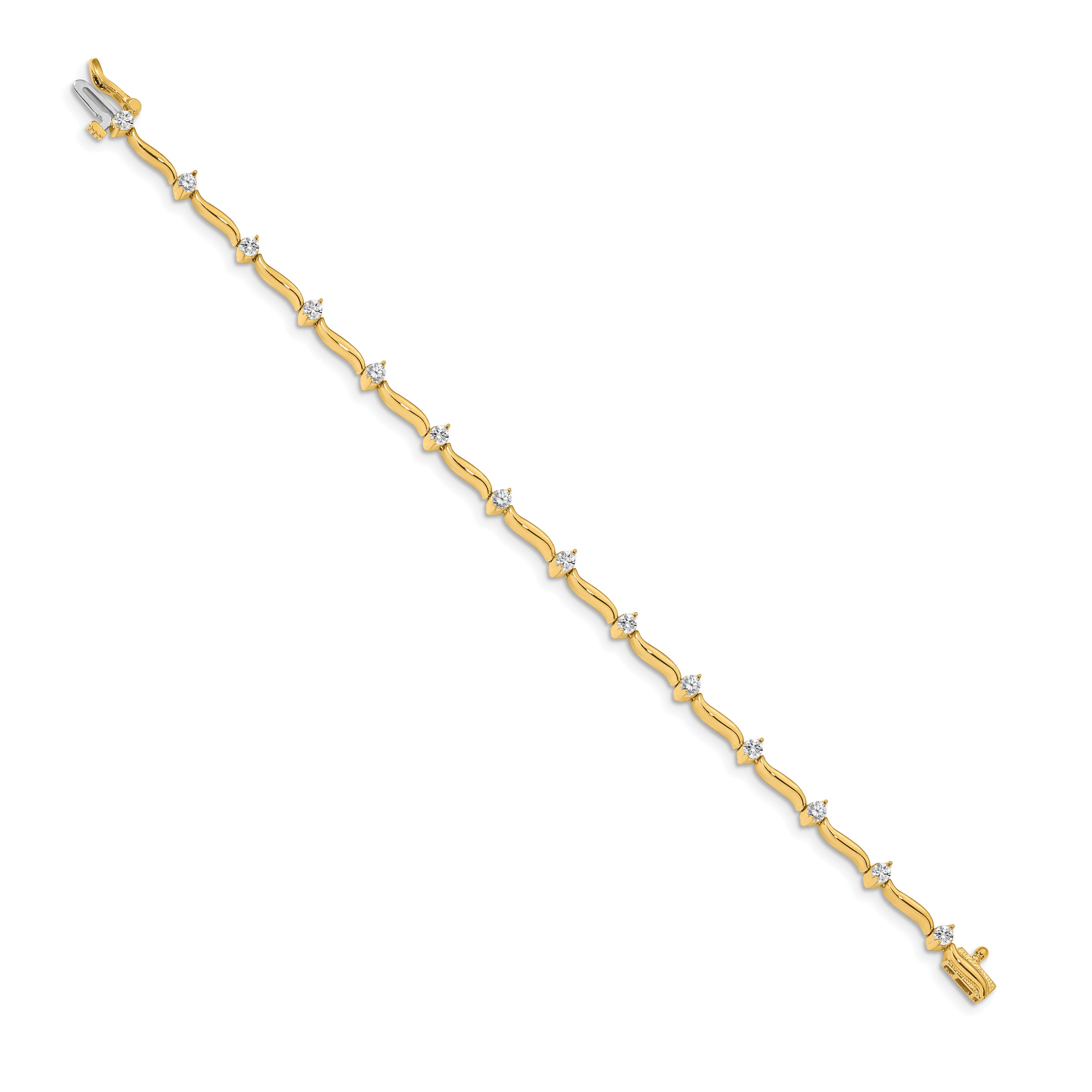 14k Complete 1 carat  Round A Diamond 2-prong Wavy Bar Link 7 inch Tennis Bracelet