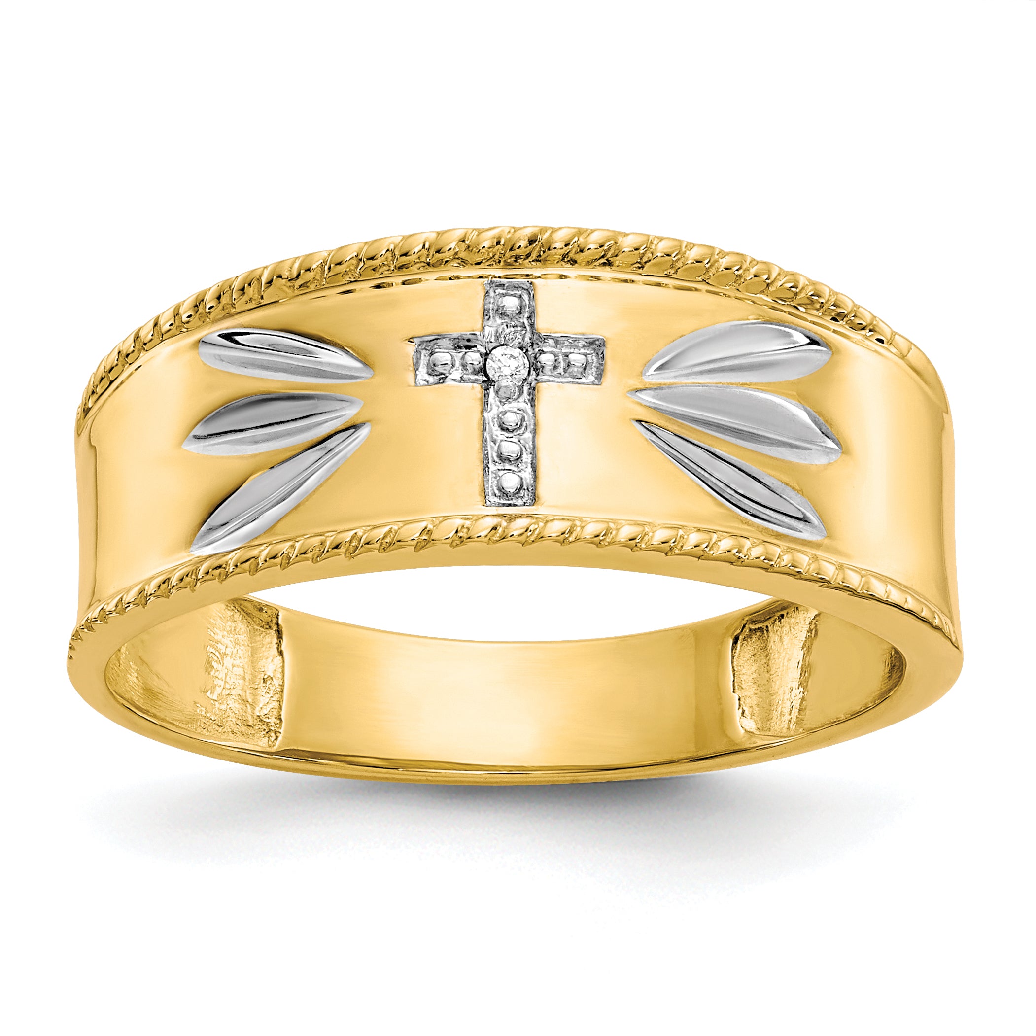 14k with Rhodium Men's .01ct. Diamond Trio Cross Wedding Band Main image