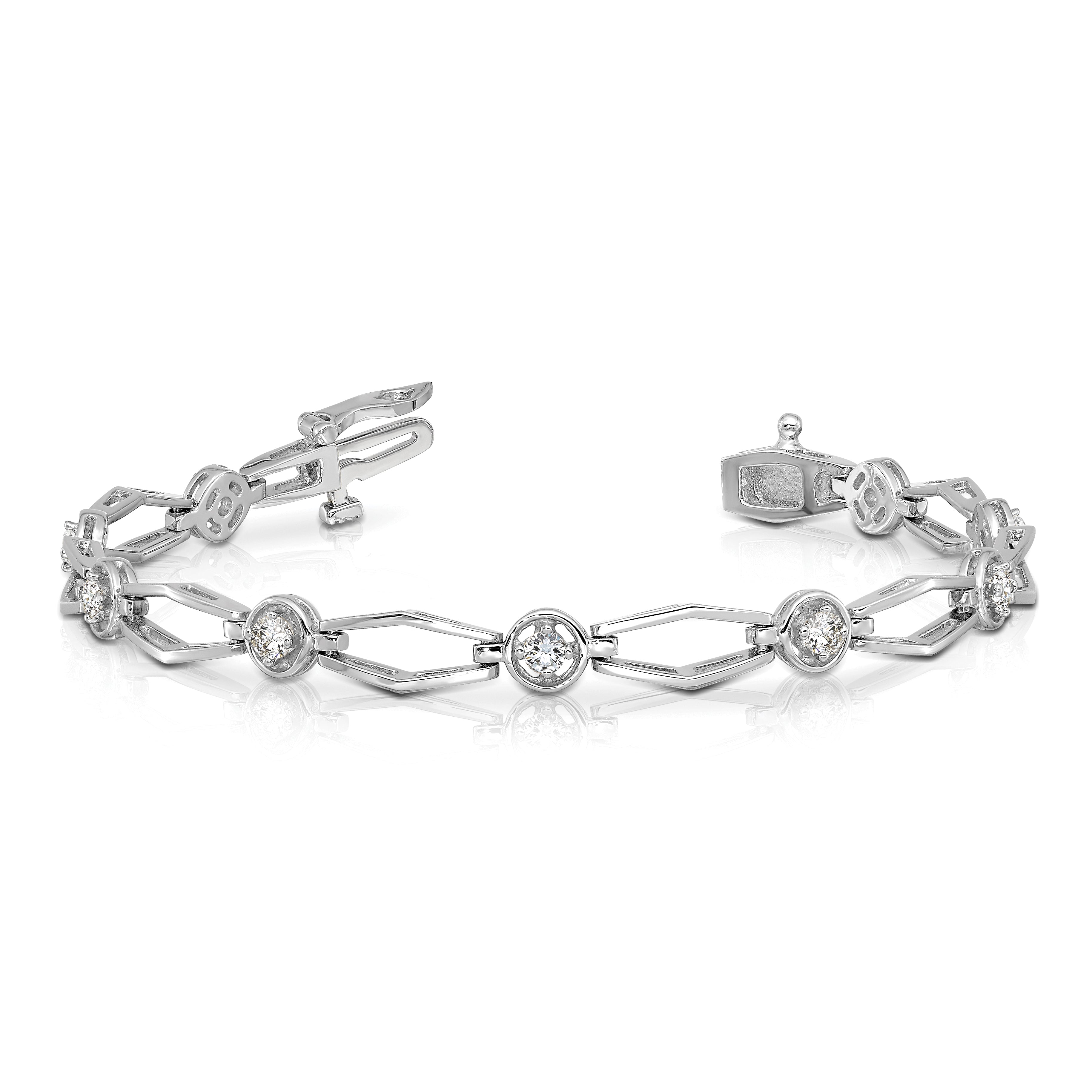 14k White Gold Holds 3/4 carat 9-2.7mm Round Diamond Fancy Link 7 inch Bracelet Mounting (No Stone Included)