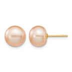 Pink Button Cultured Freshwater Pearl Stud Earrings in 14K Yellow Gold, 8-9mm - Sophia Jewelers