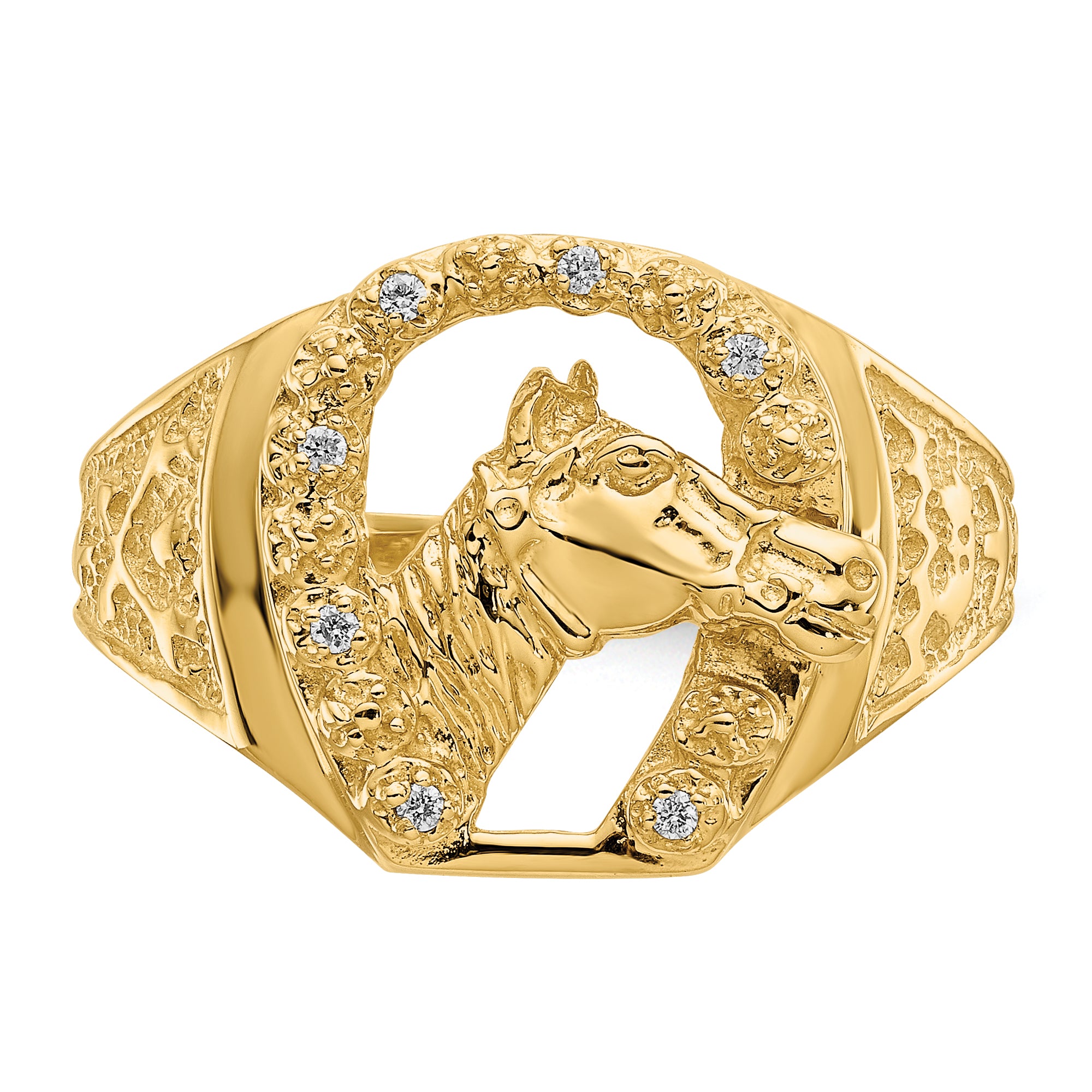 14k AAA Diamond Horseshoe with Horse in Center Mens Ring