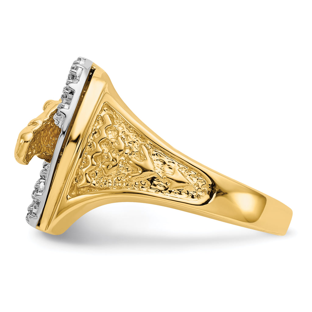 14k Two-tone1/6 carat AAA Diamond Horseshoe with Horse in Center Mens Ring