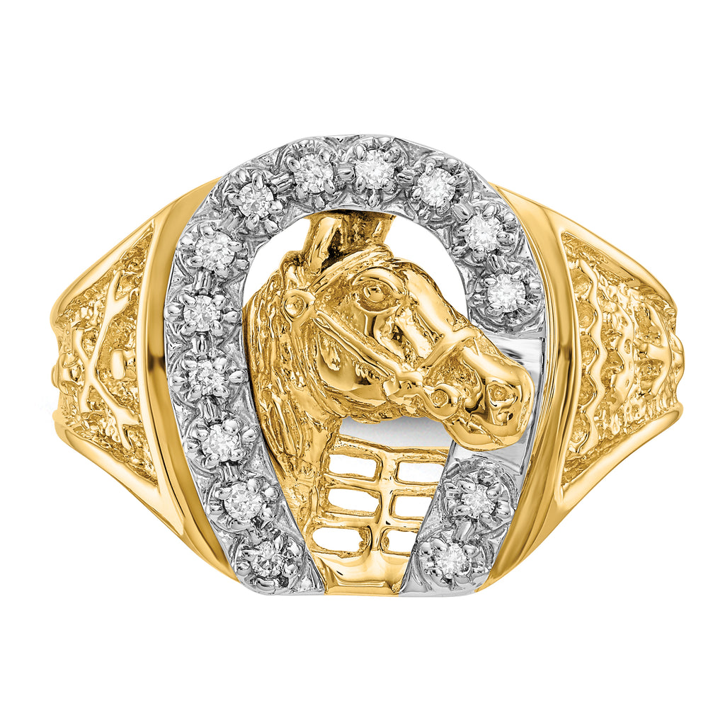 14k Two-tone1/6 carat AAA Diamond Horseshoe with Horse in Center Mens Ring