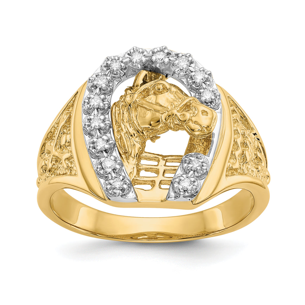 14k Two-tone1/6 carat AAA Diamond Horseshoe with Horse in Center Mens Ring