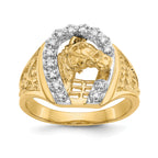 14k Two-tone1/6 carat AAA Diamond Horseshoe with Horse in Center Mens Ring