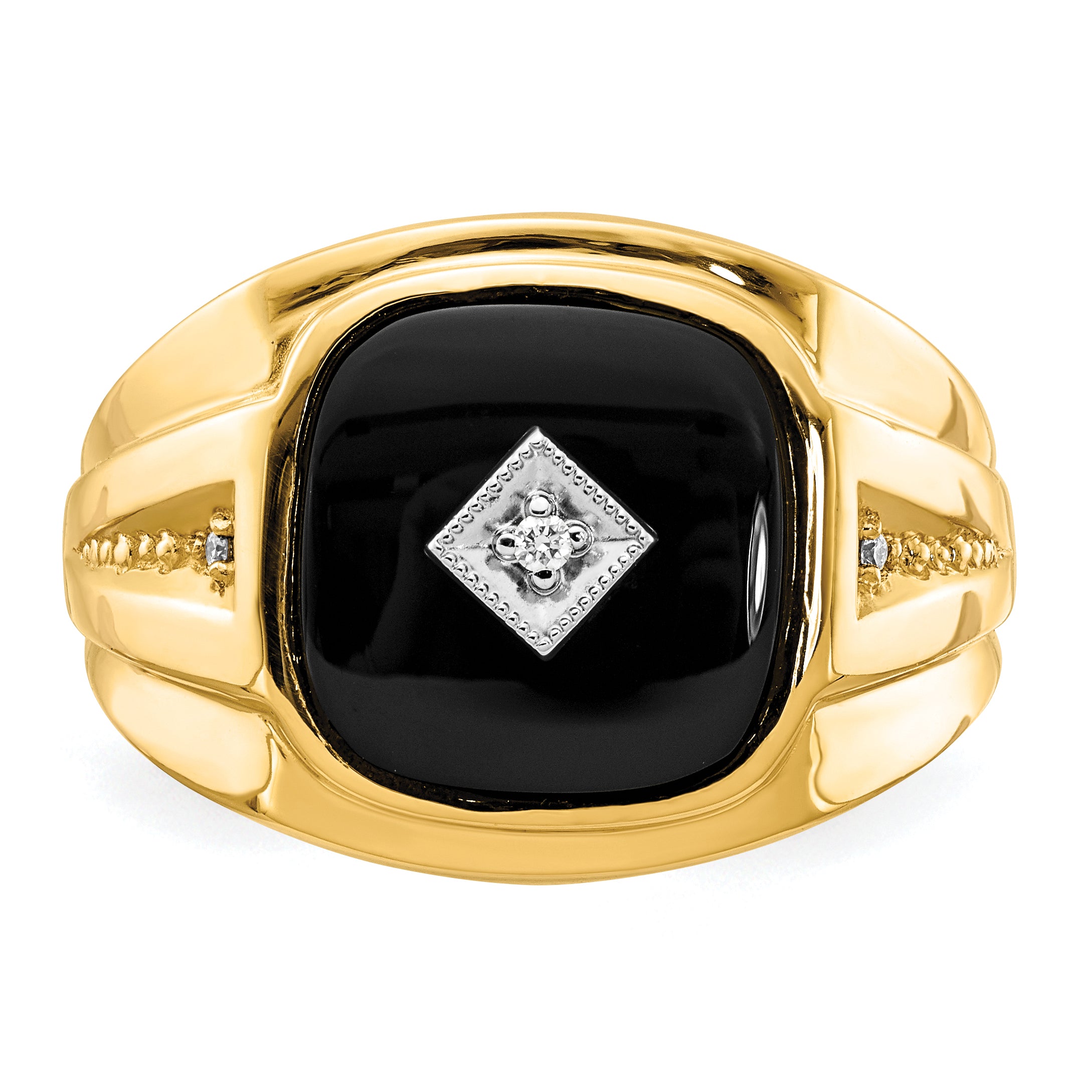 14k Cushion Onyx and AA Diamond Mens Ring