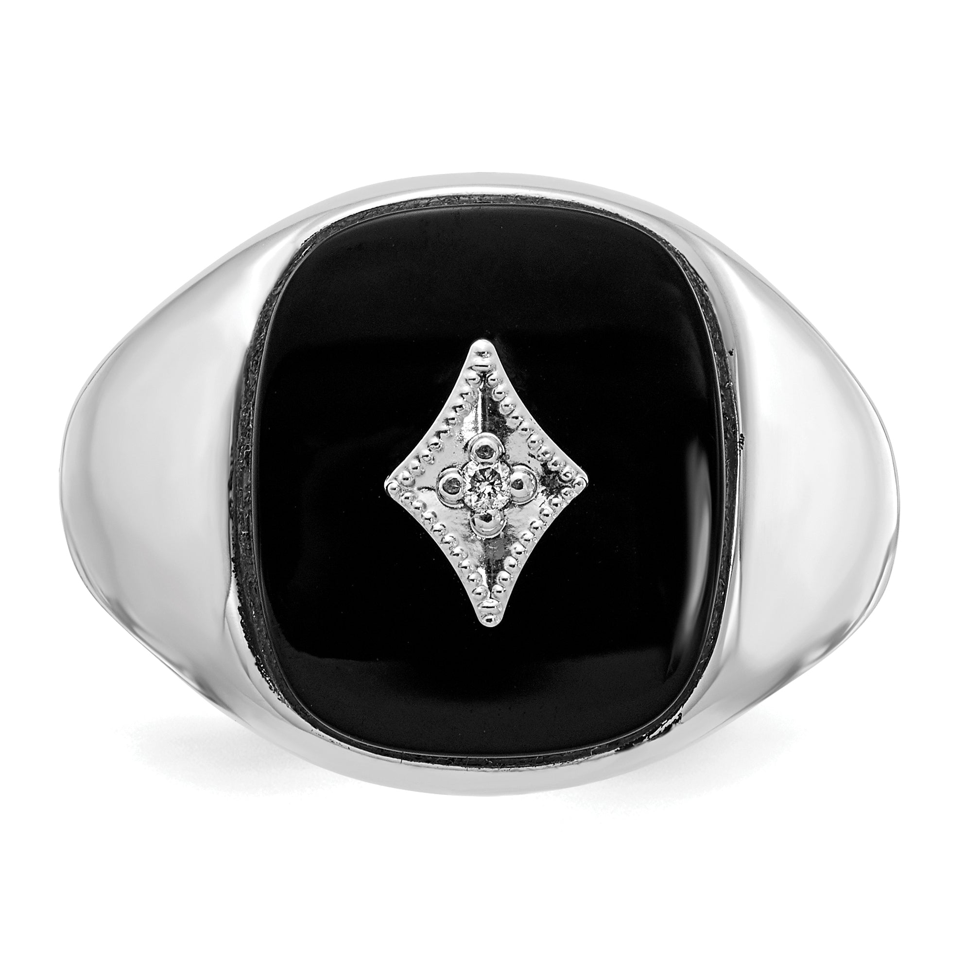 14k White Gold Cushion Onyx and AA Diamond Mens Ring