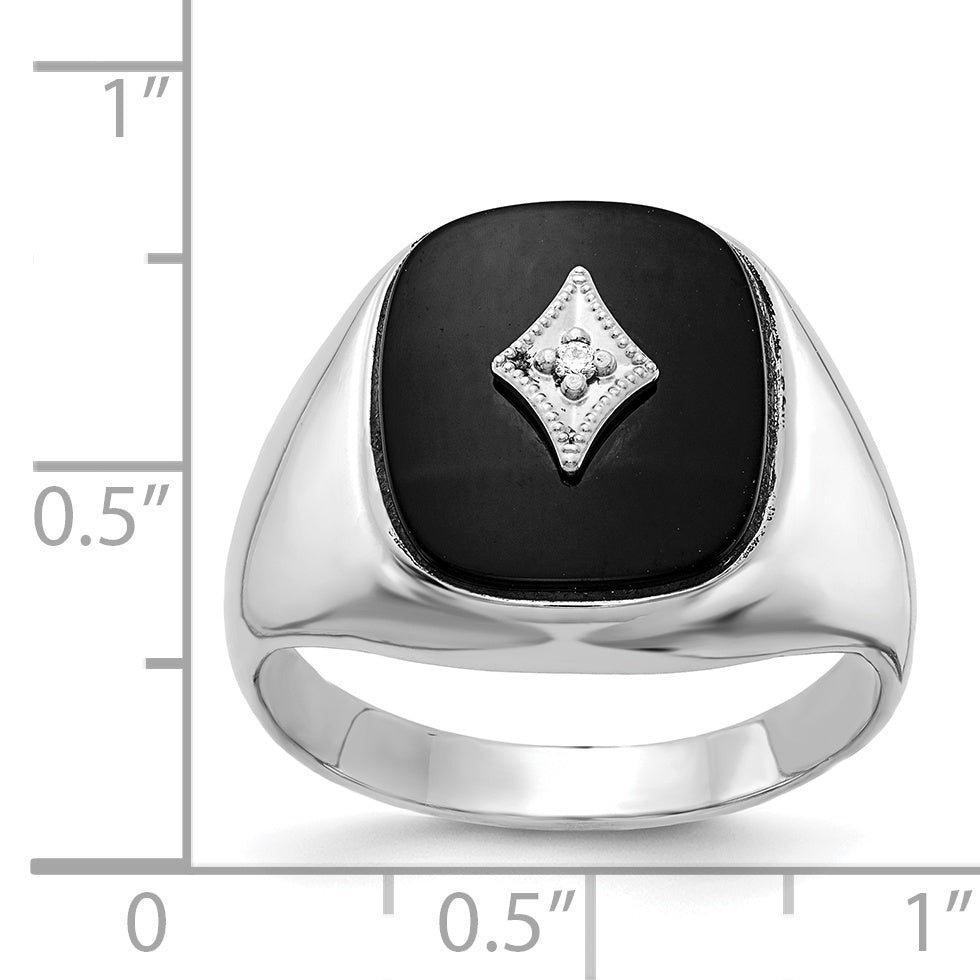 14k White Gold Cushion Onyx and AAA Diamond Mens Ring