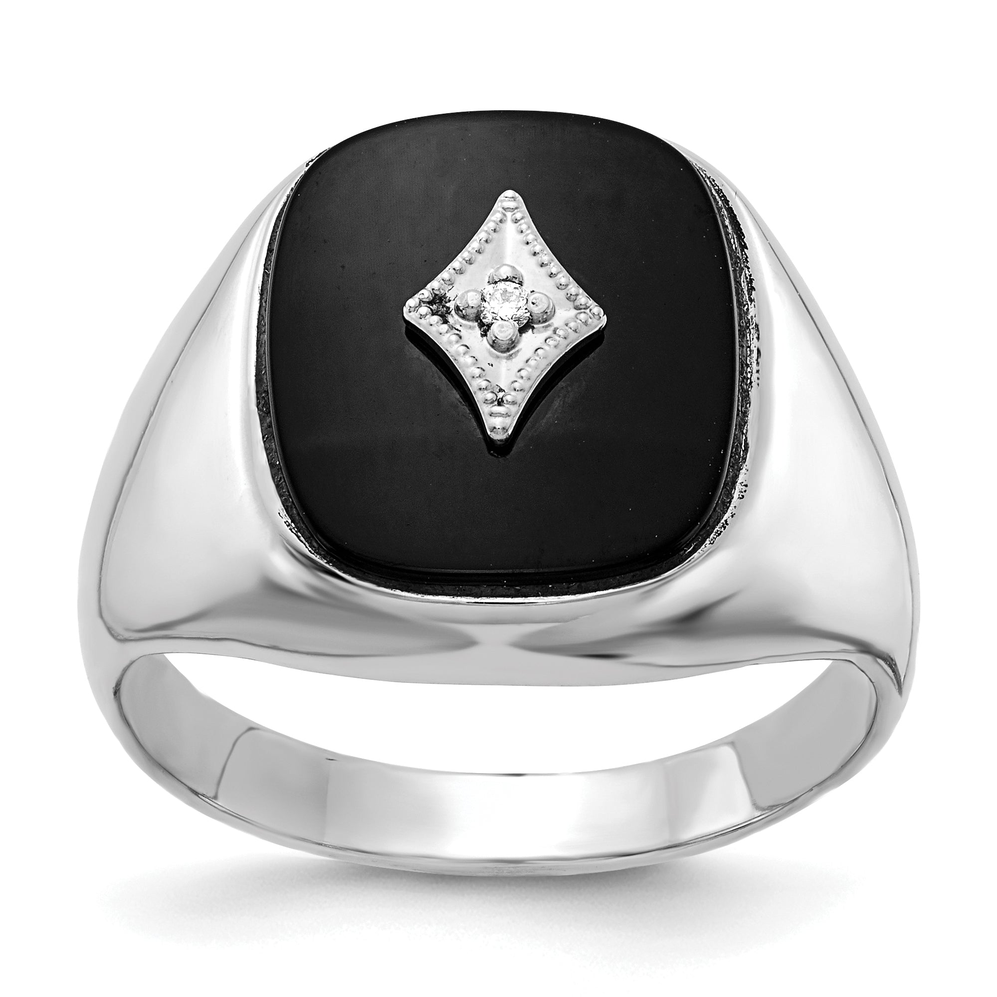 14k White Gold Cushion Onyx and AA Diamond Mens Ring