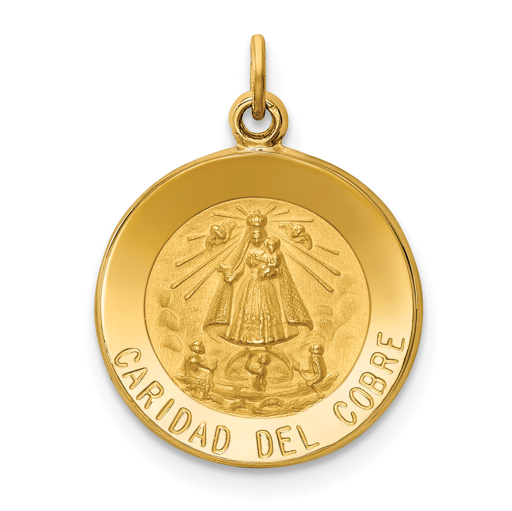 14k Polished and Satin Solid Caridad Del Cobre Medal Round Pendant