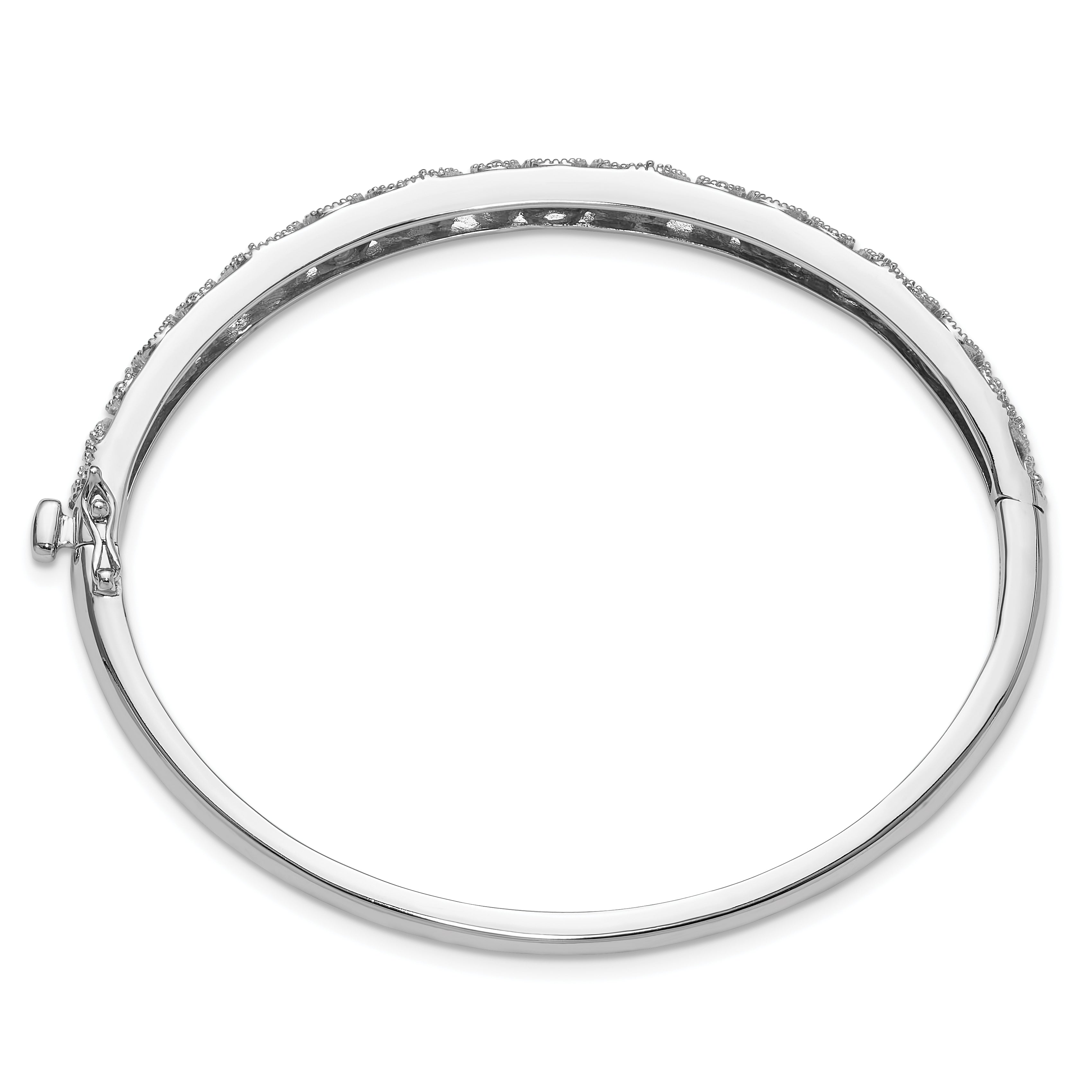 14k White Gold Swirl Design Holds 3/4 carat (5-2.9mm/6-1.7mm/12-1.3mm Round Stones) Hinged Oval Bangle Mounting (No Stone Included) Secondary image