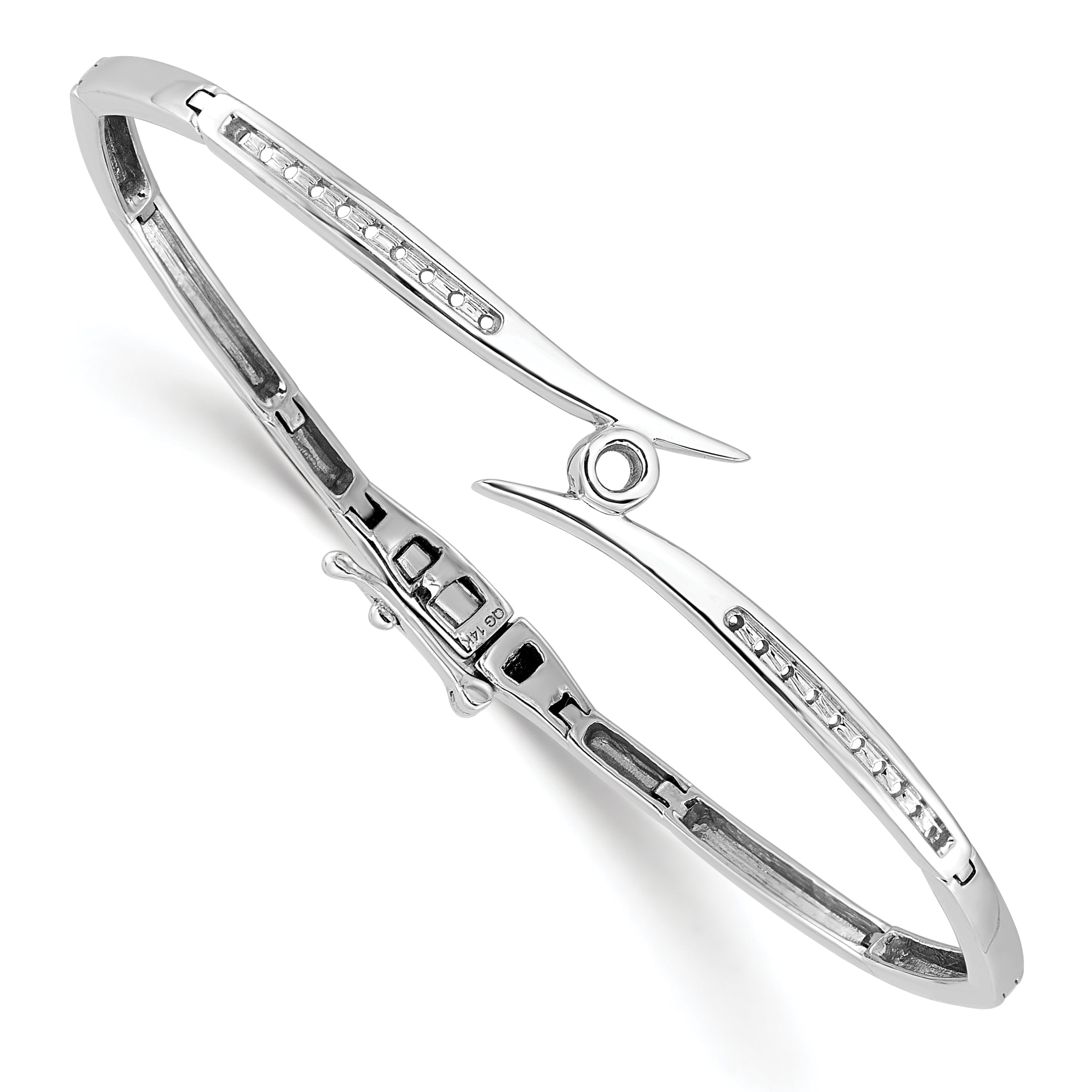 14k White Gold Holds 1/4 carat 1-2.4mm and 20-1.3mm Round Stones Hinged Oval Bangle Bracelet Mounting (No Stone Included) Main image