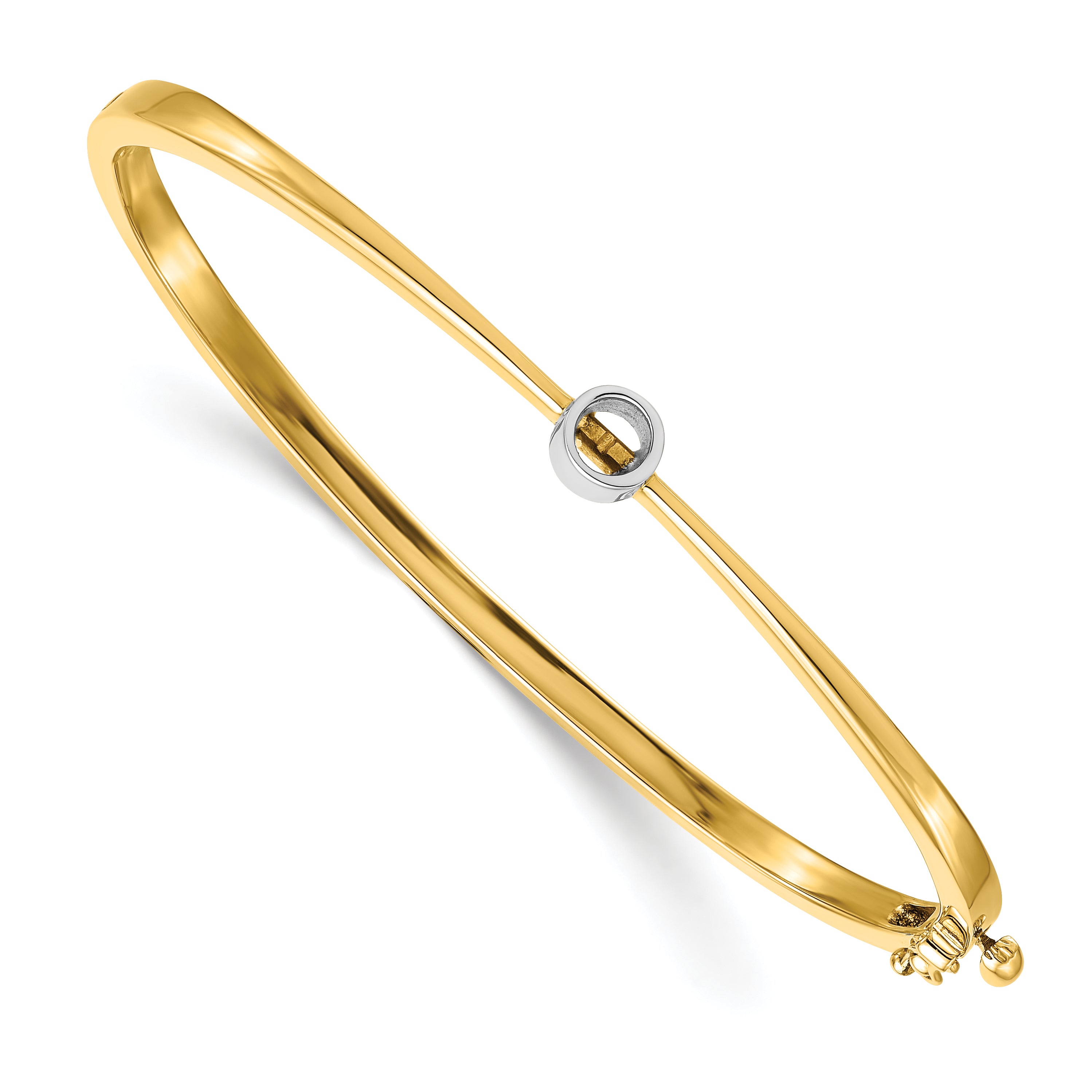 14k Two-tone Holds 1/4 carat 4.0mm Round Stone Hinged Oval Bangle Bracelet Mounting (No Stone Included)