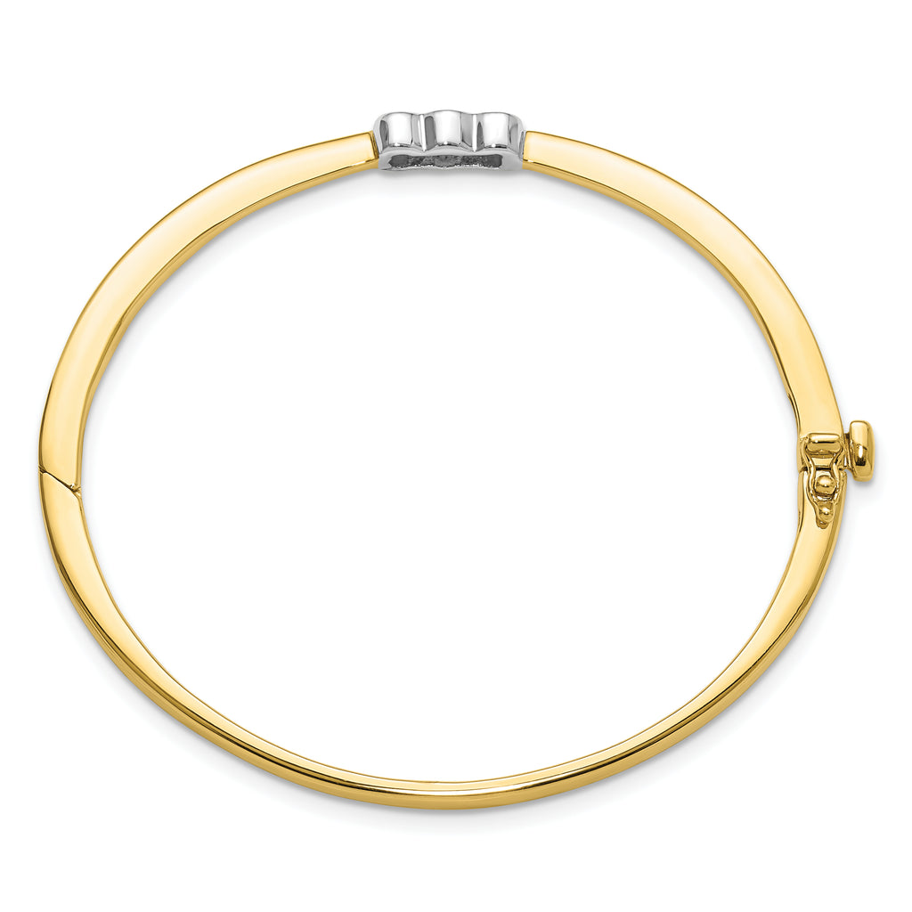 14k Two-tone Holds 1/2 carat 1-3.8mm and 2-3.4mm Round Stones Hinged Oval Bangle Bracelet Mounting (No Stone Included)