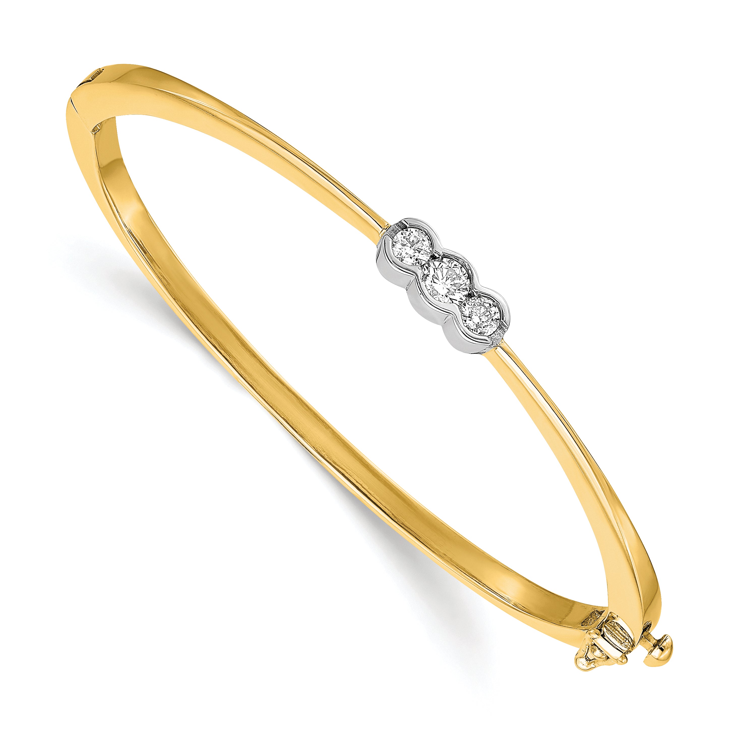 14k Two-tone Complete 3-Stone 1/2 carat AA Diamond Hinged Oval Bangle Bracelet Main image