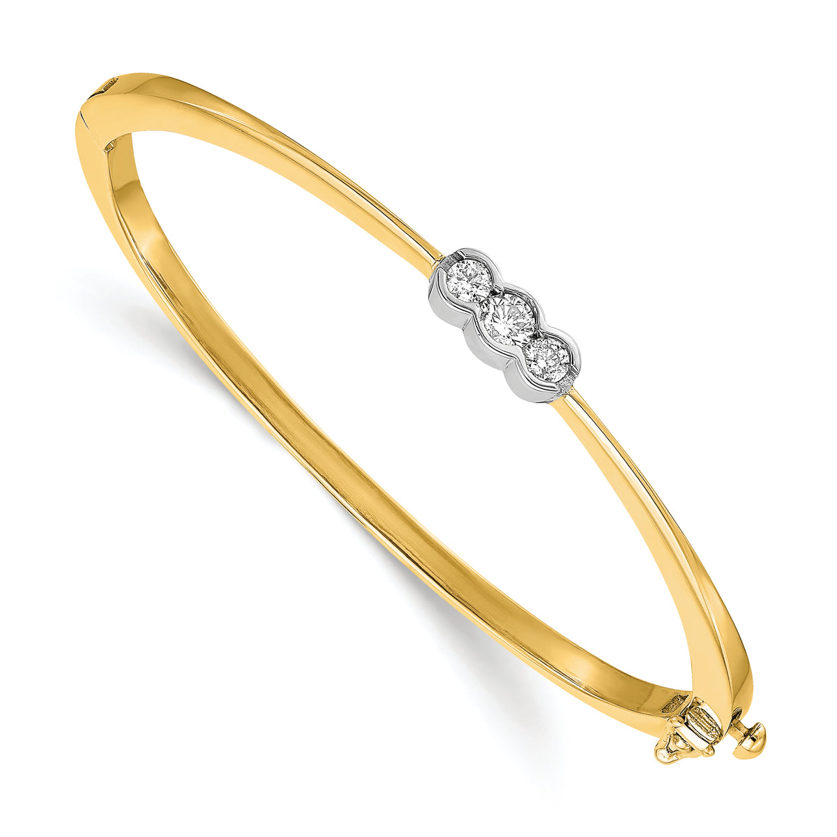14k Two-tone Complete 3-Stone 1/2 carat AA Diamond Hinged Oval Bangle Bracelet