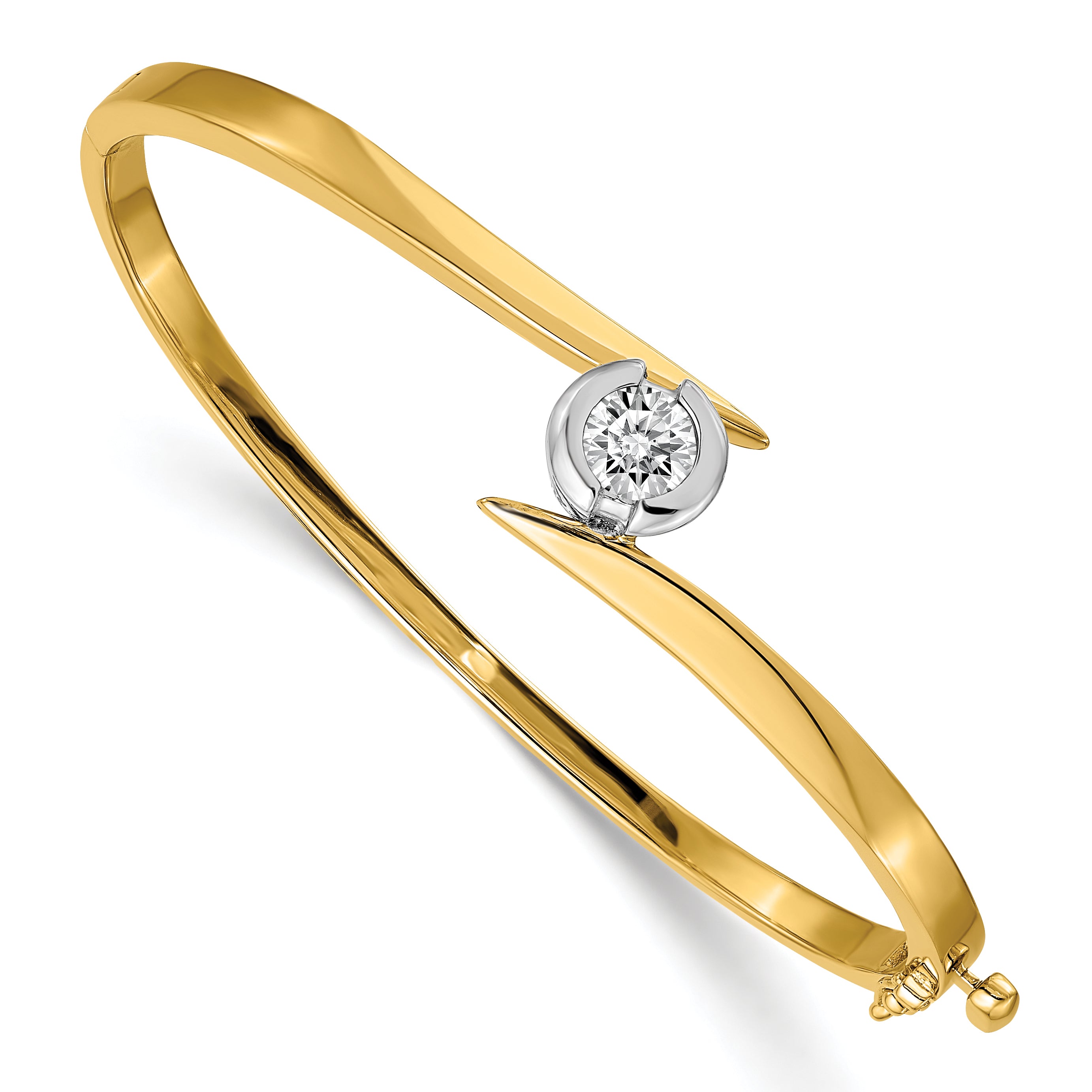 14k Two-tone Holds 1 carat 5.75mm Round Stone Hinged Oval Bangle Bracelet Mounting (No Stone Included)