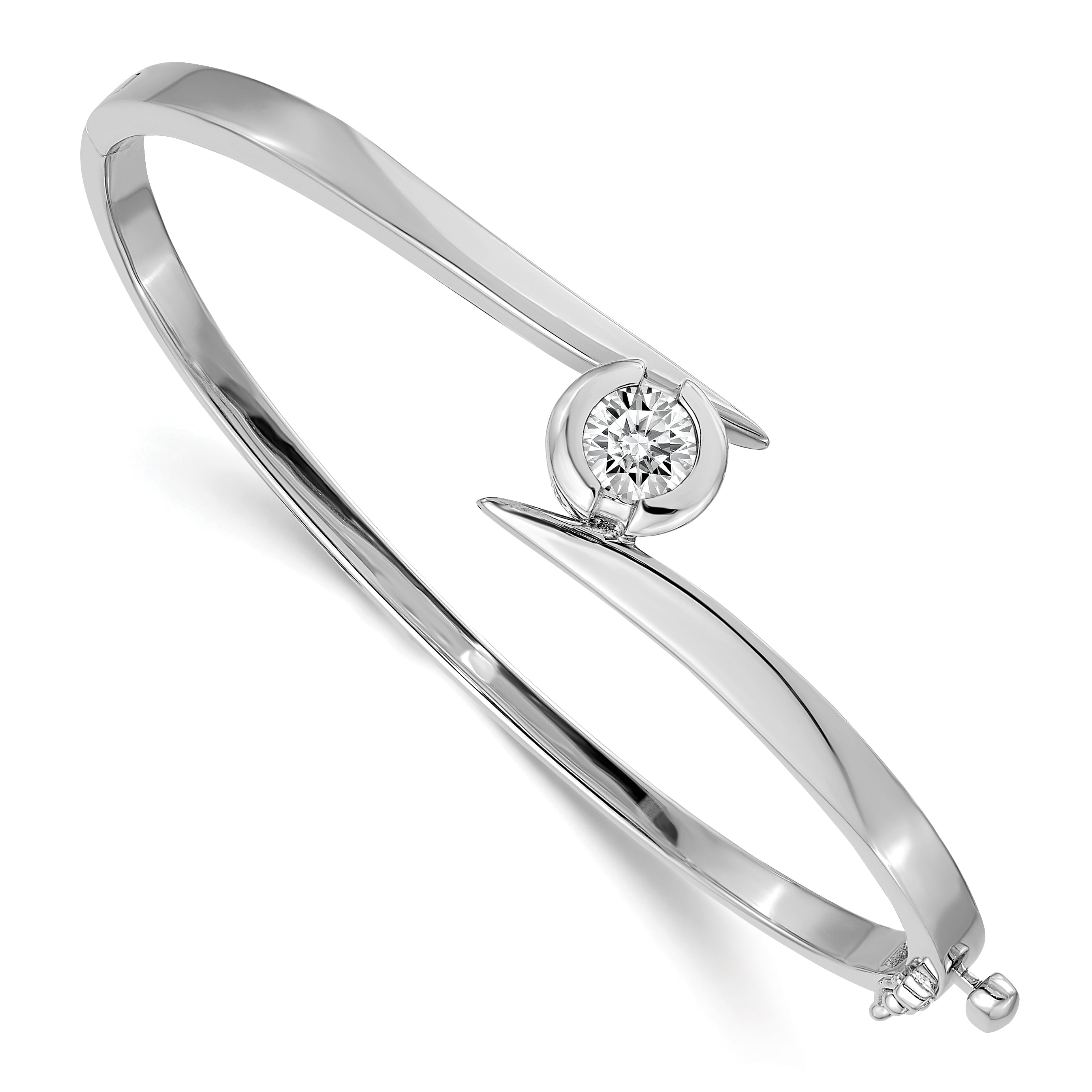 14k White Gold Holds 1 carat 5.75mm Round Stone Hinged Oval Bangle Bracelet Mounting (No Stone Included) Main image