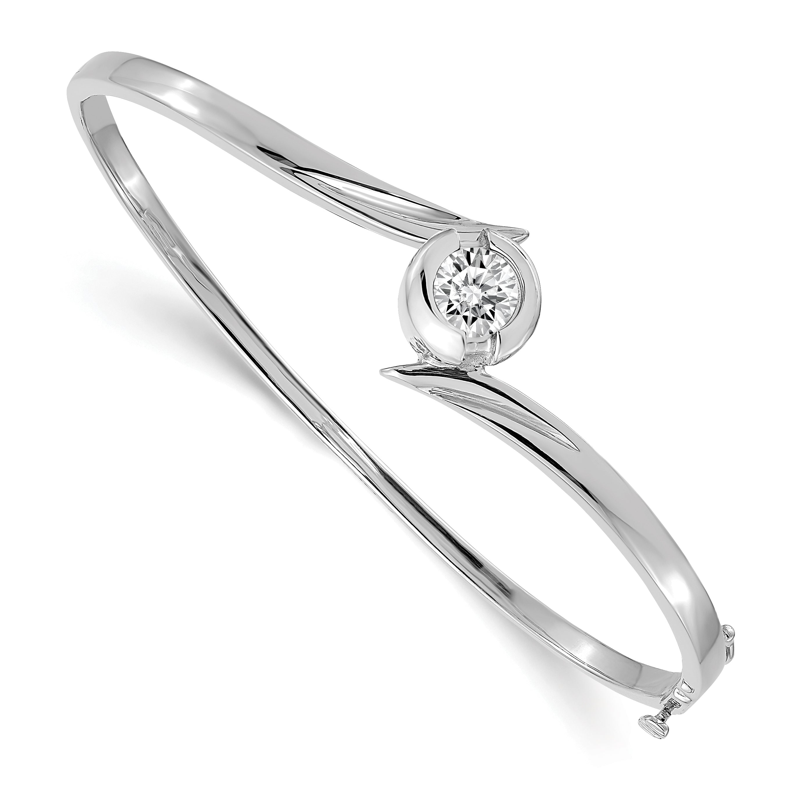 14k White Gold Holds 1 carat 6.5mm Round Stone Hinged Oval Bangle Bracelet Mounting (No Stone Included) Main image