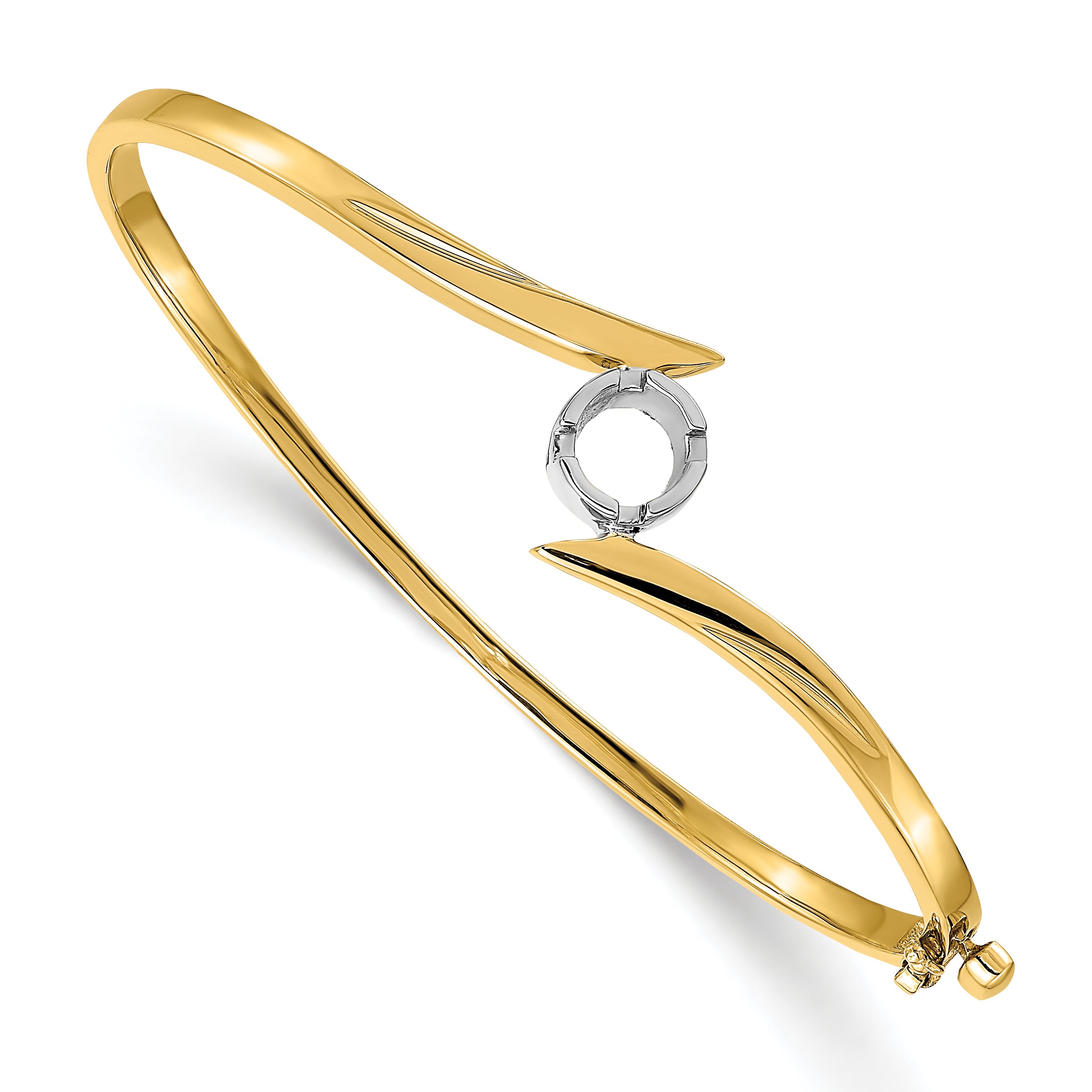 14k Two-tone Holds 3/4 carat 5.75mm Round Stone Hinged Oval Bangle Bracelet Mounting (No Stone Included)